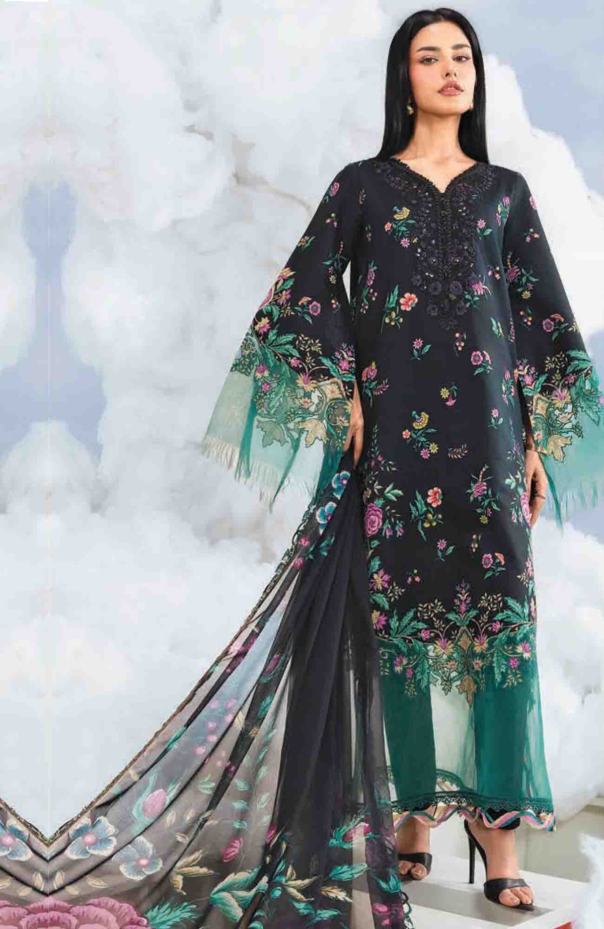 Mbasic by Maria B Unstitched Lawn Embroidered 3 Piece Suit Vol-2 - MBSCLV2-1B -  Summer Collection