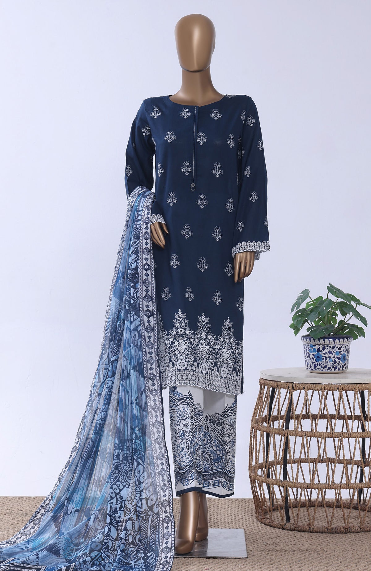Chikankari BY HZ Textiles  Ready to wear Embroidered 3 Piece Suit -HZCHKEMB -01- Midnight Blue-  Summer Collection