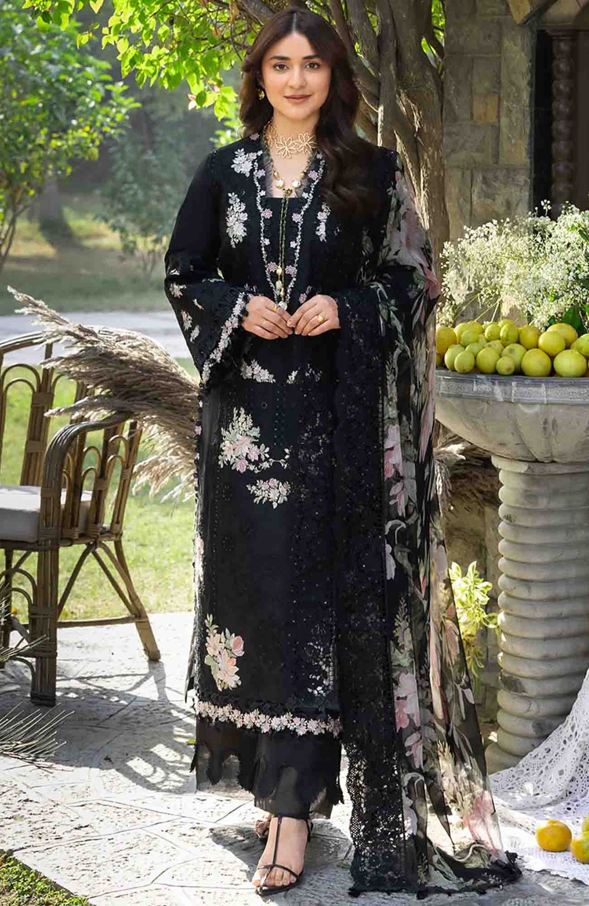 Luxury By Elaf Unstitched Lawn Embroidered 3 Piece Suit - ELFLXL-2B- Midnight Blossom - Summer Collection