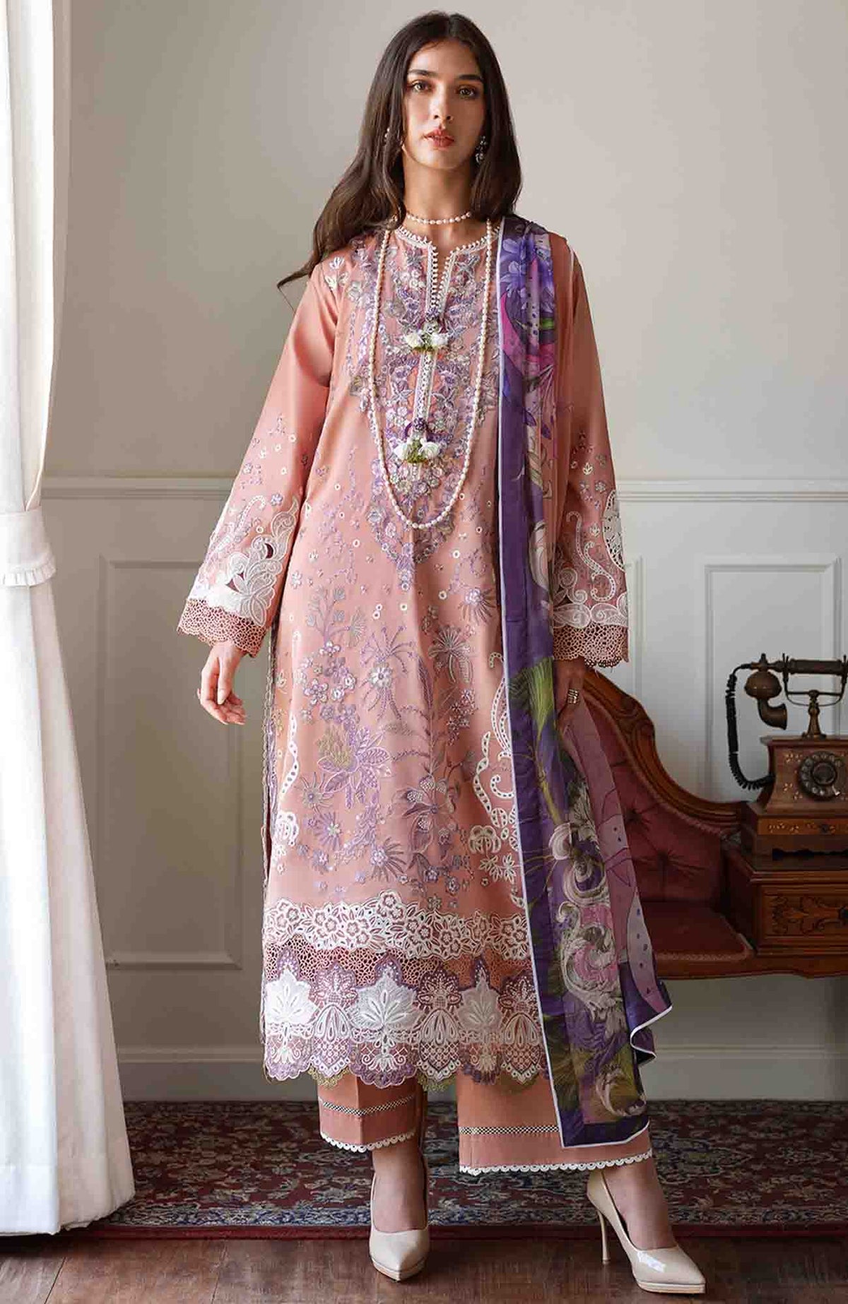 A Moi - Held By Love By Mushq Unstitched Luxury Lawn Embroidered 3 Piece Suit - MQHMAM-11- Daisy Chain - Summer Collection