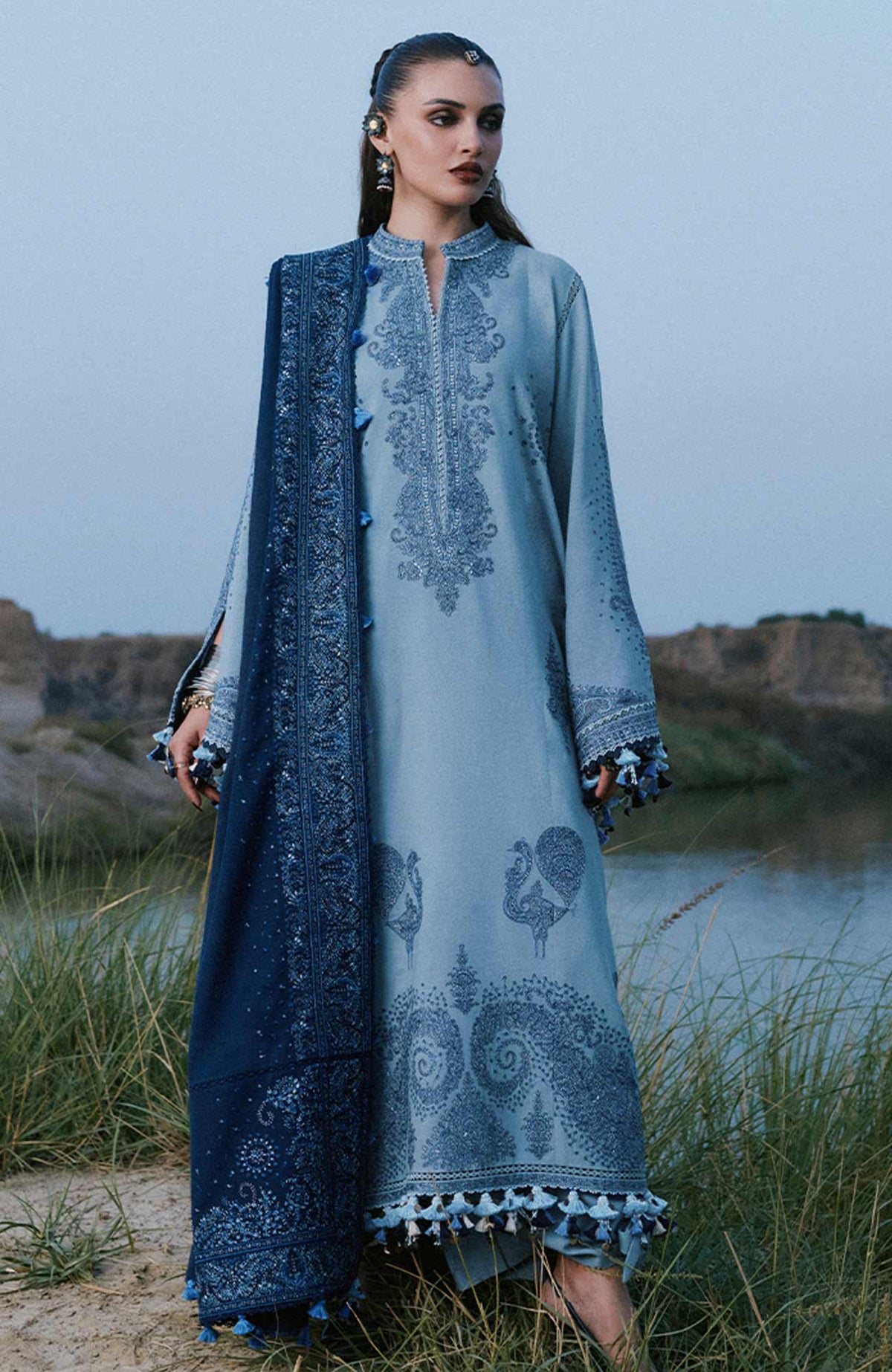 Kot Radha Kishan - Into The South By Hussain Rehar Unstitched Karandi  3 Piece Suit- HRKRKRDW- Aab - Winter Collection