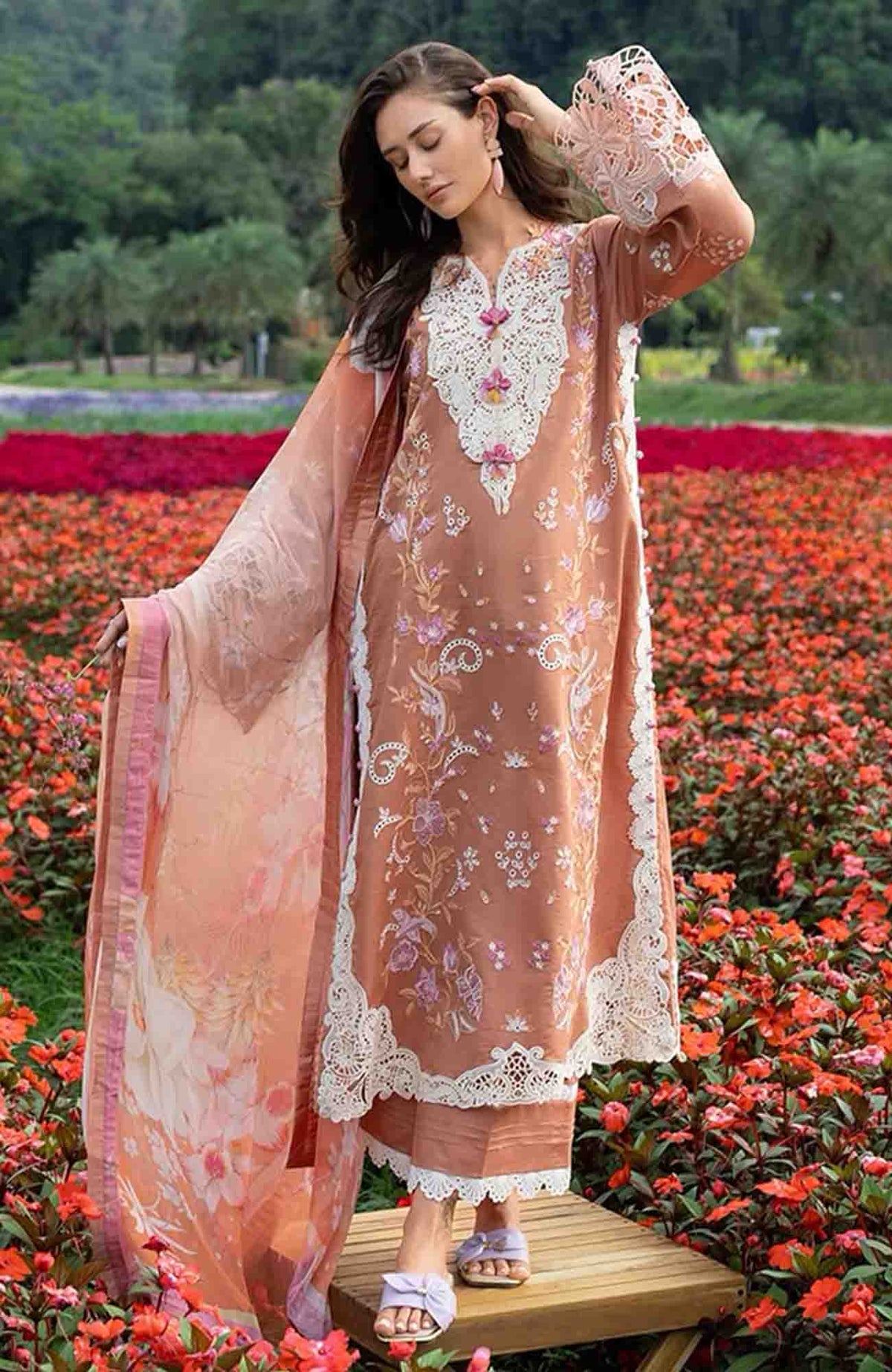 The Secret Garden - Hemline By Mushq Unstitched Lawn  Embroidered 3 Piece Suit MQHMSGL - 016 - Rosette Reverie -  Summer Collection