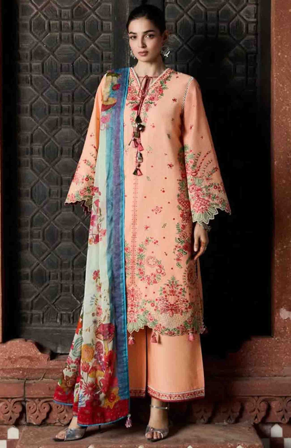 Zan By Hussain Rehar Unstitched Lawn Embroidered 3 Piece Suit -HRZANLXL-08- Saftali- Summer Collection