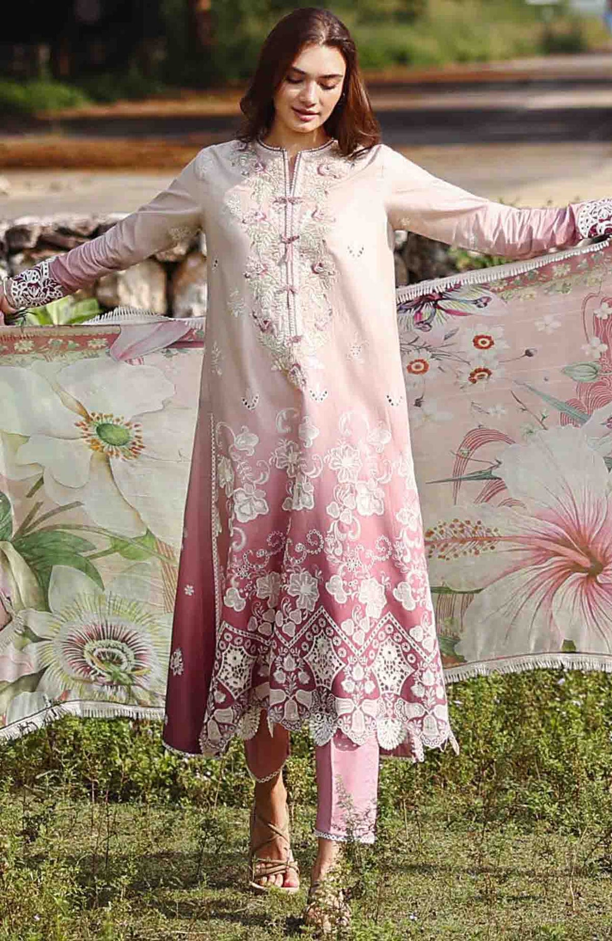 Solace Ombre Chikankari By Mushq Unstitched Lawn Embroidered 3 Piece Suit - MQHMSOCK- Dew Drift- Summer Collection