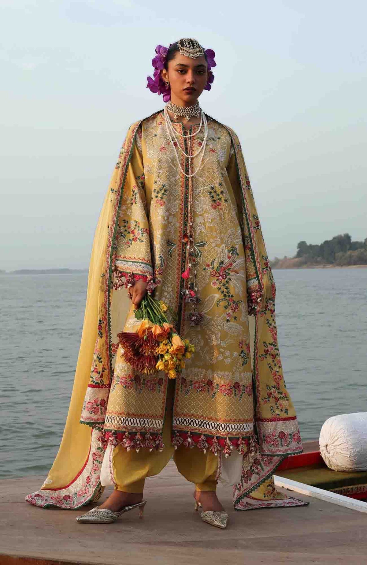 Kala Bagh By Hussain Rehar Unstitched Luxury Lawn Embroidered 3 Piece Suit - HRKBLXL-01- Ochre- Summer Collection