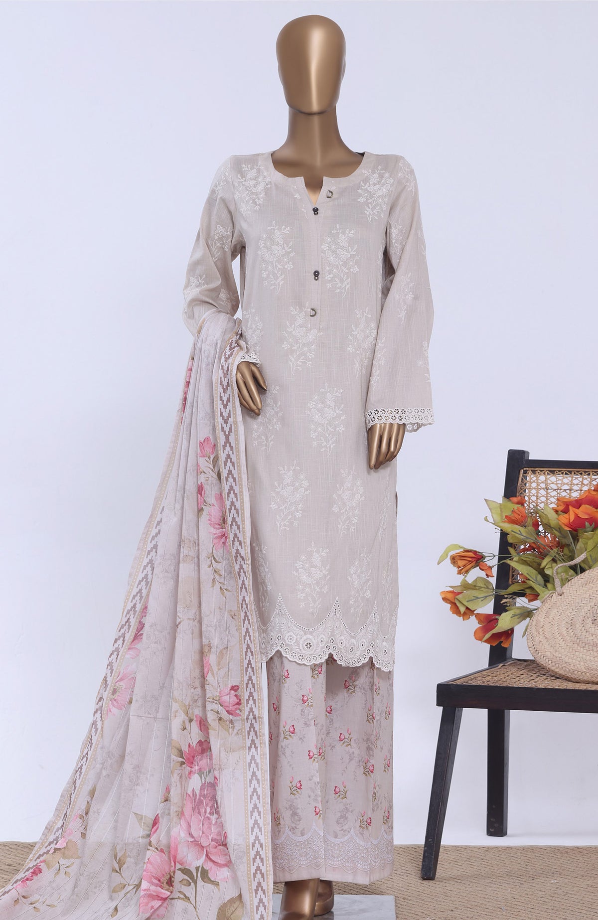 Chikankari BY HZ Textiles  Ready to wear Embroidered 3 Piece Suit -HZCHKEMB -02- Warm Pearl-  Summer Collection