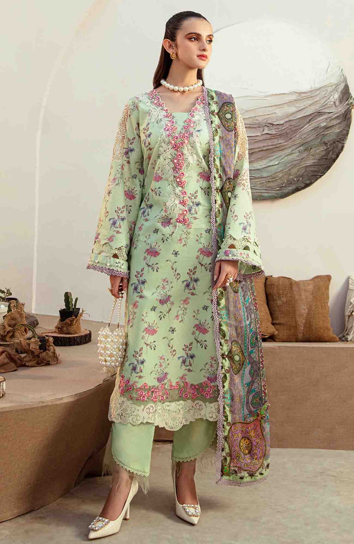 Alif Affordable By AJR Couture Unstitched Embroidered Lawn 3 Piece Suit- AJRALF24-8- Summer Collection