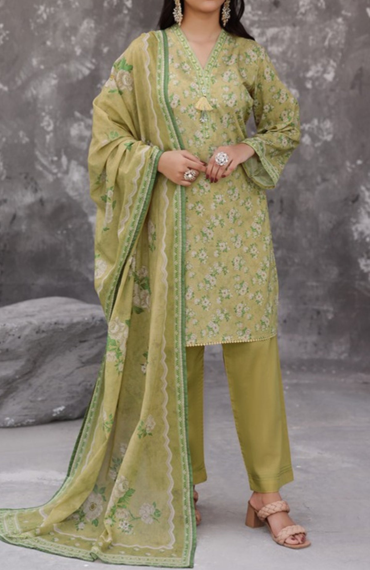Maya Cambric Vol 1  BY Aizal Ready to wear Printed 3 Piece Suit -AZLV1MYA -09-  Olive Green Floral-  Winter Collection