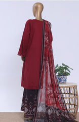 Chikankari BY HZ Textiles  Ready to wear Embroidered 3 Piece Suit -HZCHKEMB -03- Maroon Melody-  Summer Collection
