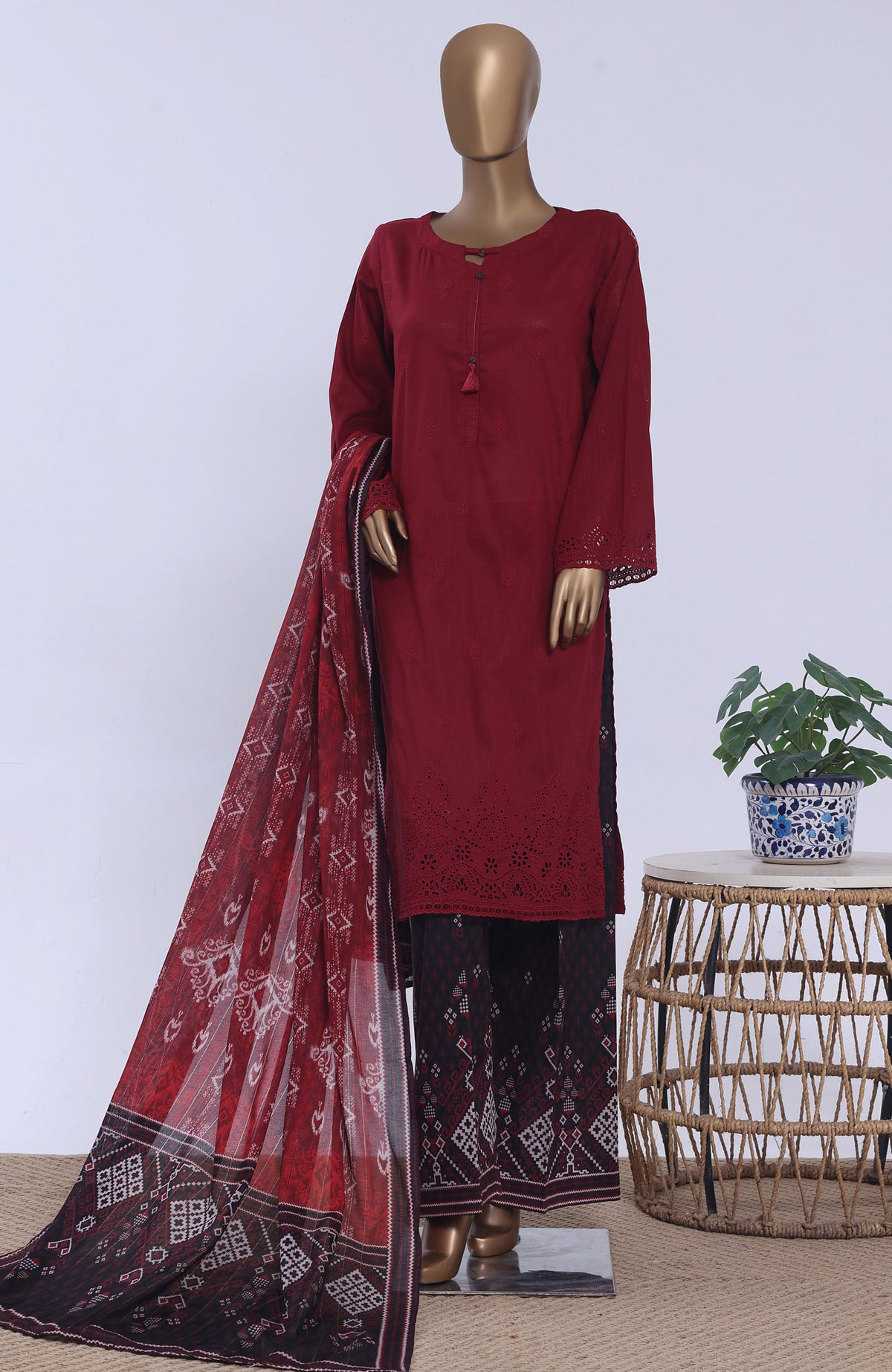 Chikankari BY HZ Textiles  Ready to wear Embroidered 3 Piece Suit -HZCHKEMB -03- Maroon Melody-  Summer Collection