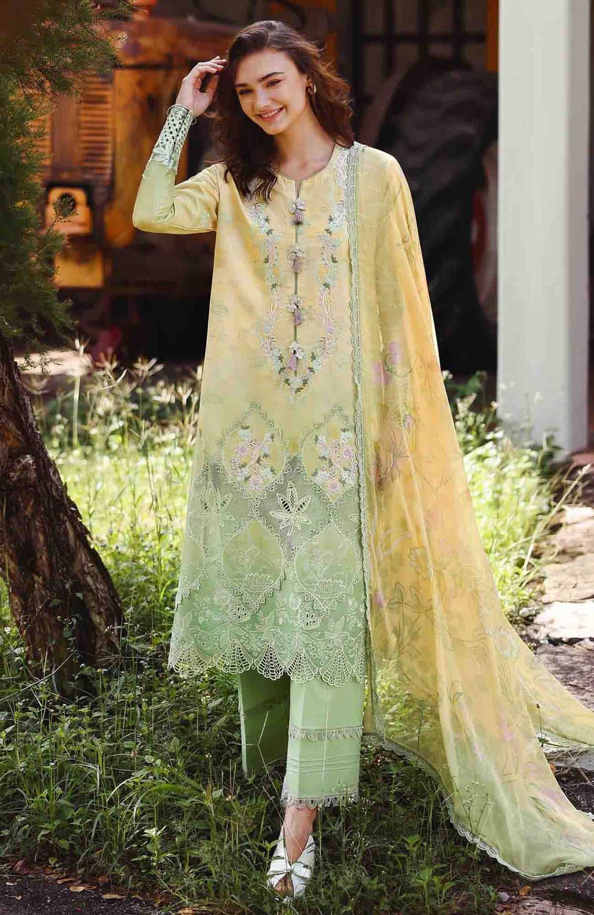 Solace Ombre Chikankari By Mushq Unstitched Lawn Embroidered 3 Piece Suit - MQHMSOCK- Quiet Bloom- Summer Collection