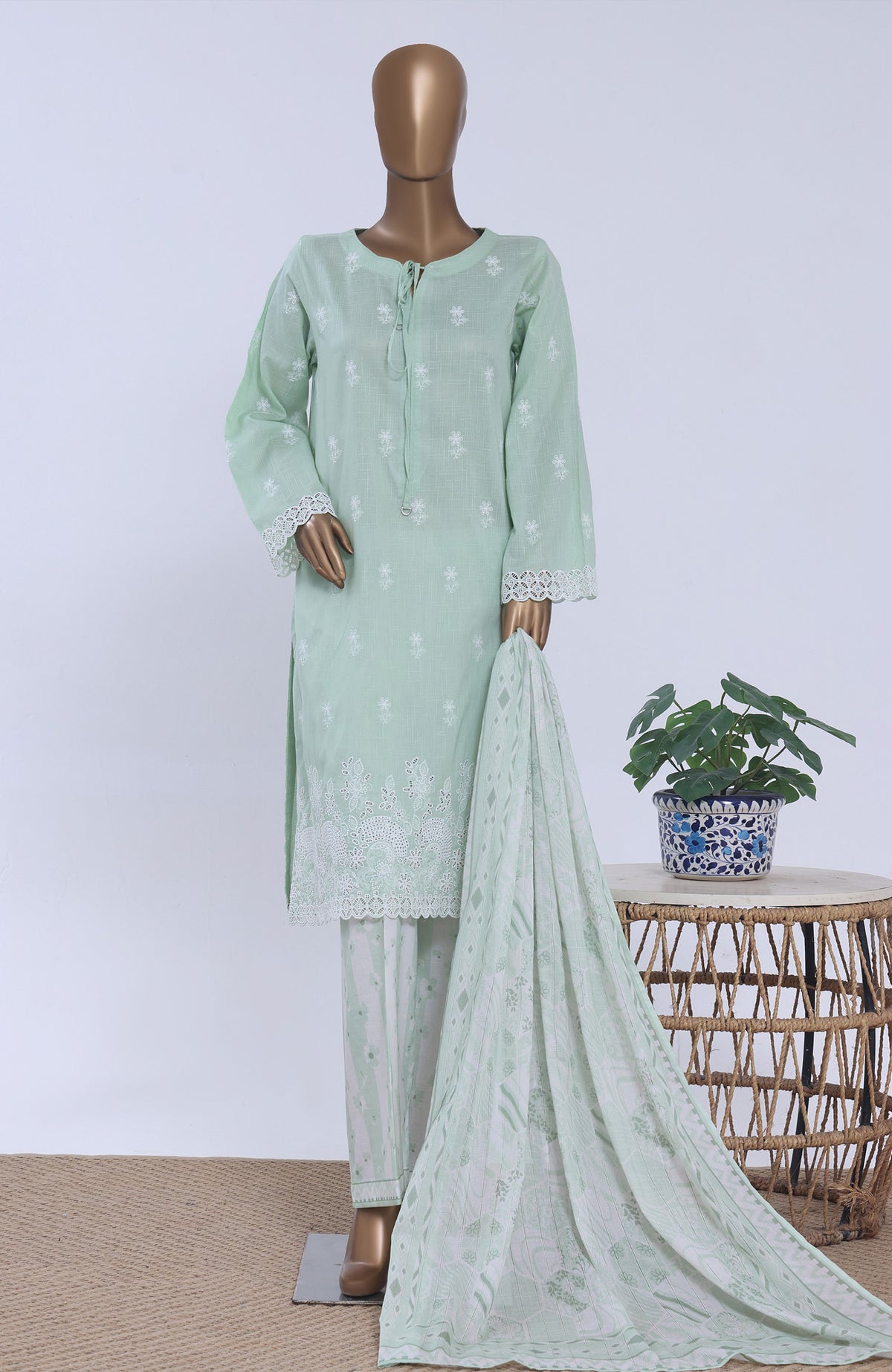 Chikankari BY HZ Textiles  Ready to wear Embroidered 3 Piece Suit -HZCHKEMB -04- Soft Mint-  Summer Collection