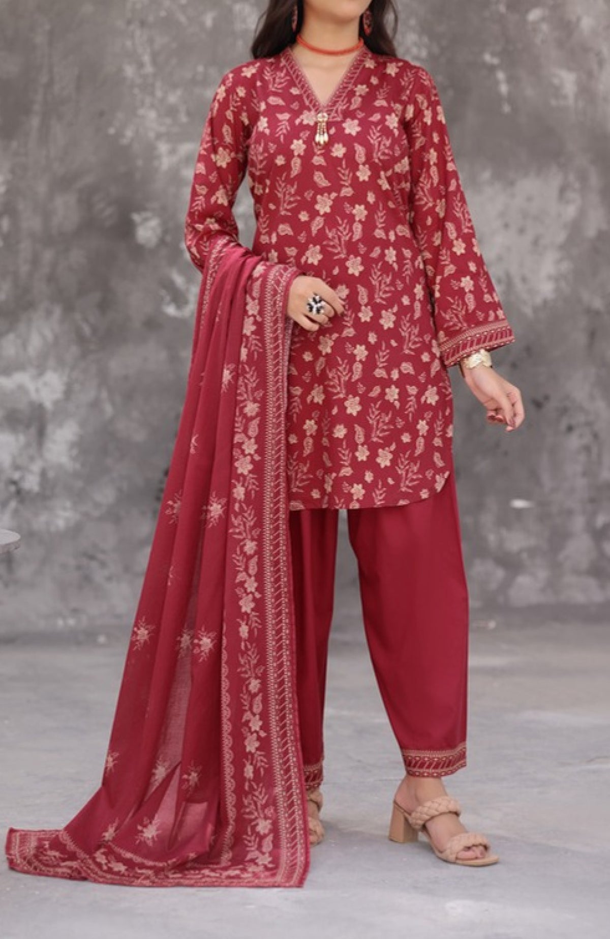 Maya Cambric Vol 1  BY Aizal Ready to wear Printed 3 Piece Suit -AZLV1MYA -08-  Maroon Floral-  Winter Collection
