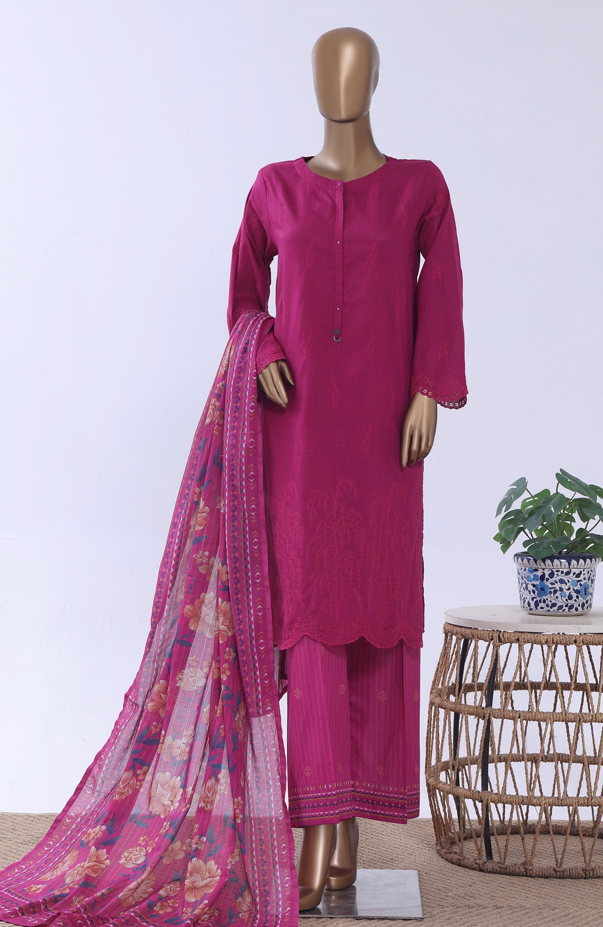 Chikankari BY HZ Textiles  Ready to wear Embroidered 3 Piece Suit -HZCHKEMB -05- Shocking Desire-  Summer Collection