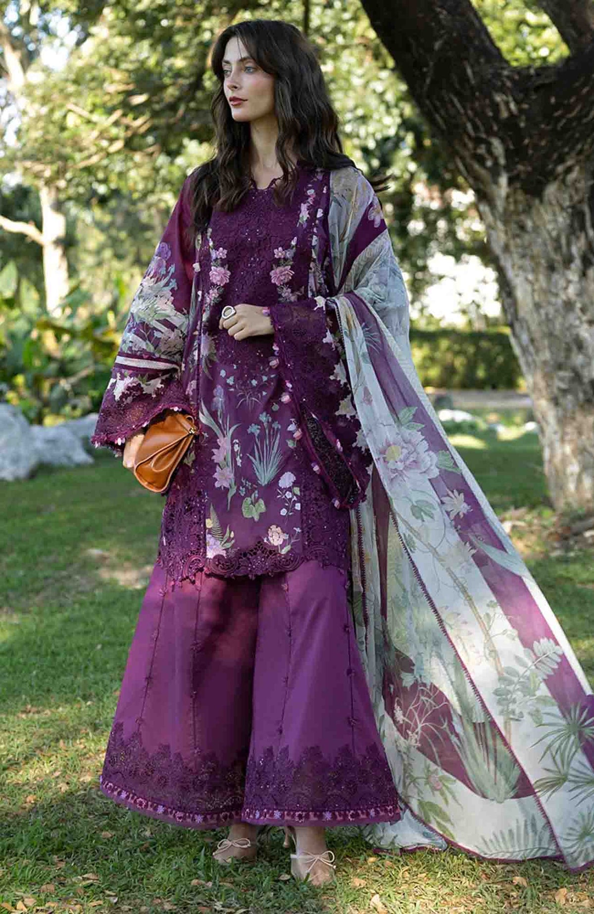 Signature By Elaf Unstitched Lawn Embroidered 3 Piece Suit - ELFSGN -5B- Darling Plum - Summer Collection