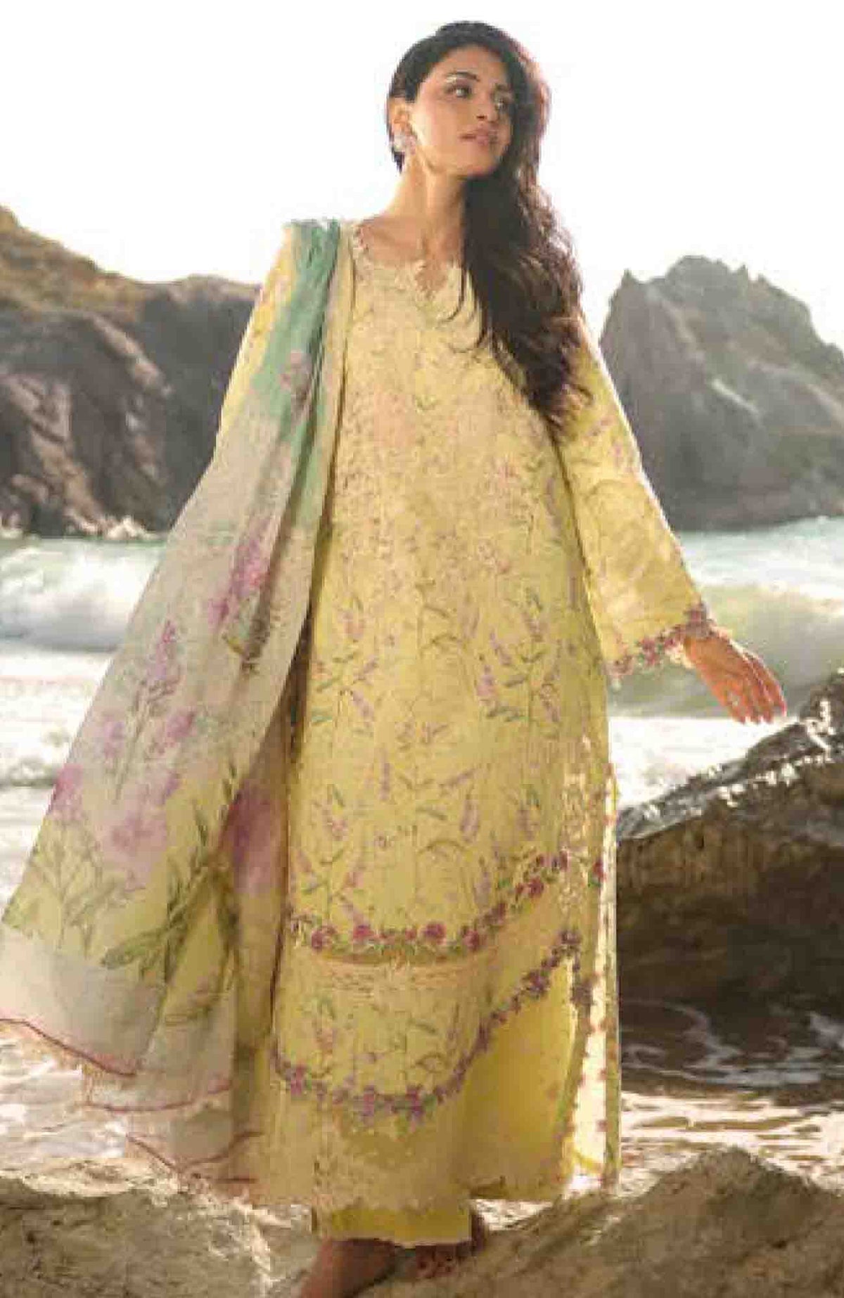 Summer Dream By Manara Unstitched Lawn Embroidered 3 Piece Suit - MNMSDRL-06- Golden Haze-Summer Collection