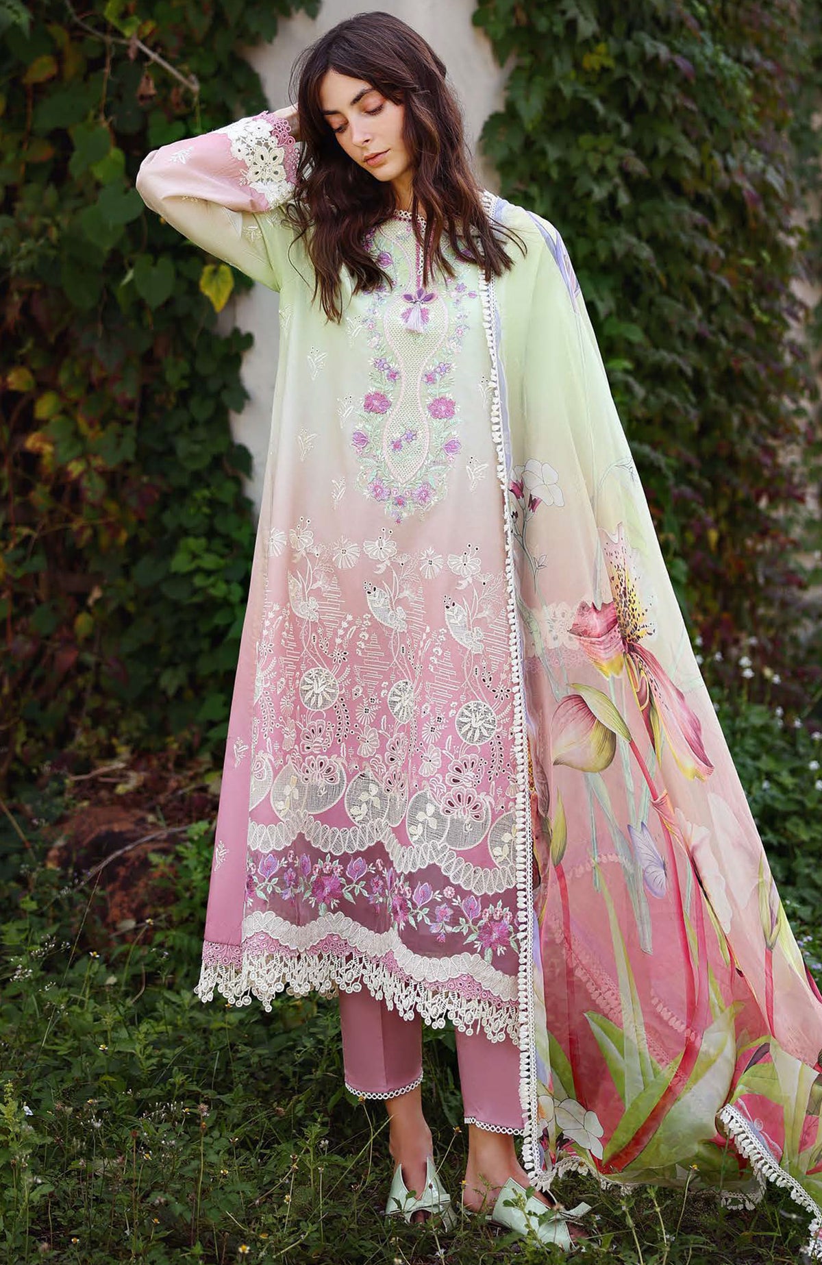 Solace Ombre Chikankari By Mushq Unstitched Lawn Embroidered 3 Piece Suit - MQHMSOCK- Petal Pull- Summer Collection