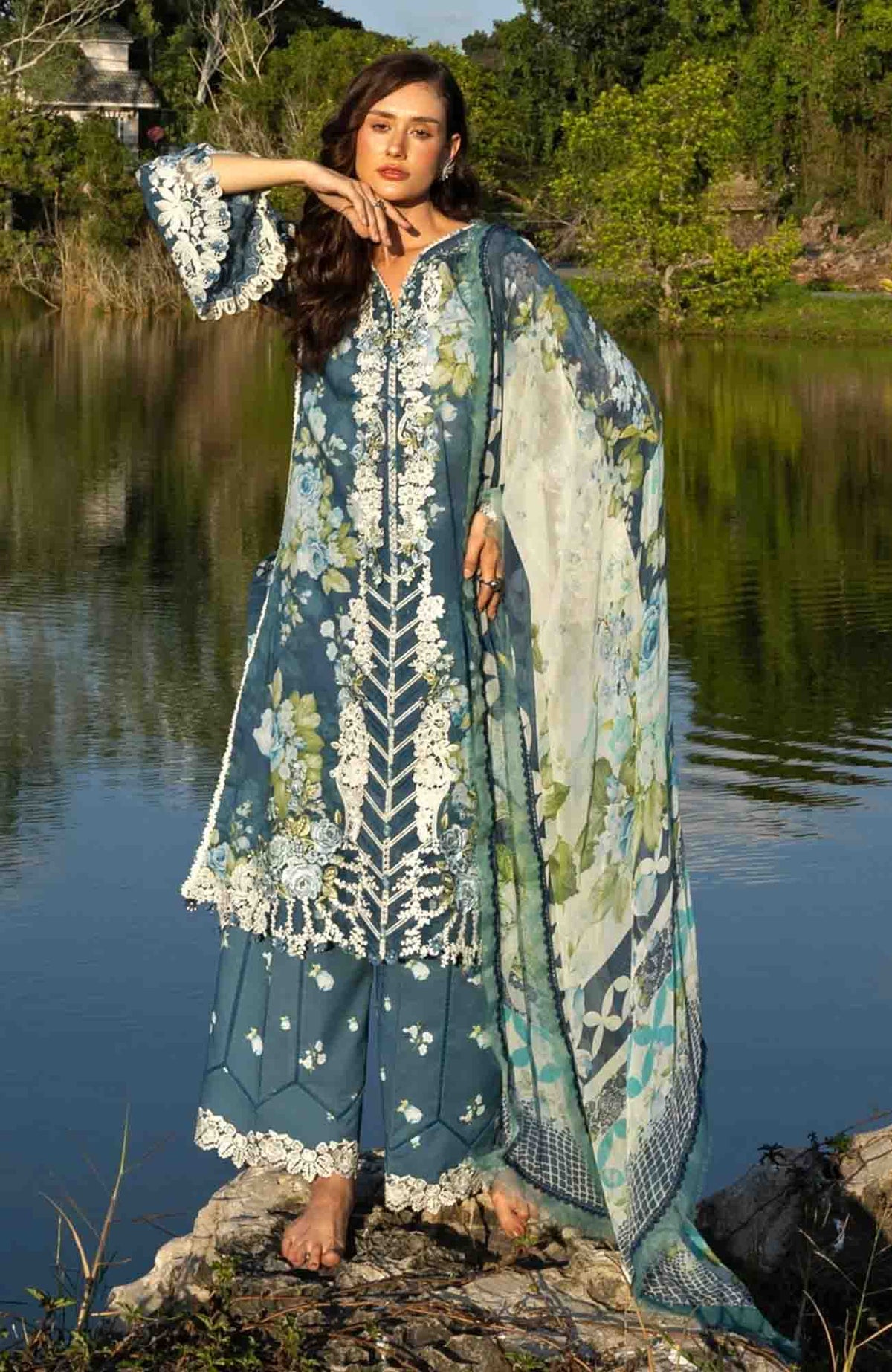 Signature By Elaf Unstitched Lawn Embroidered 3 Piece Suit - ELFSGN -7B- Sea Enchantress - Summer Collection