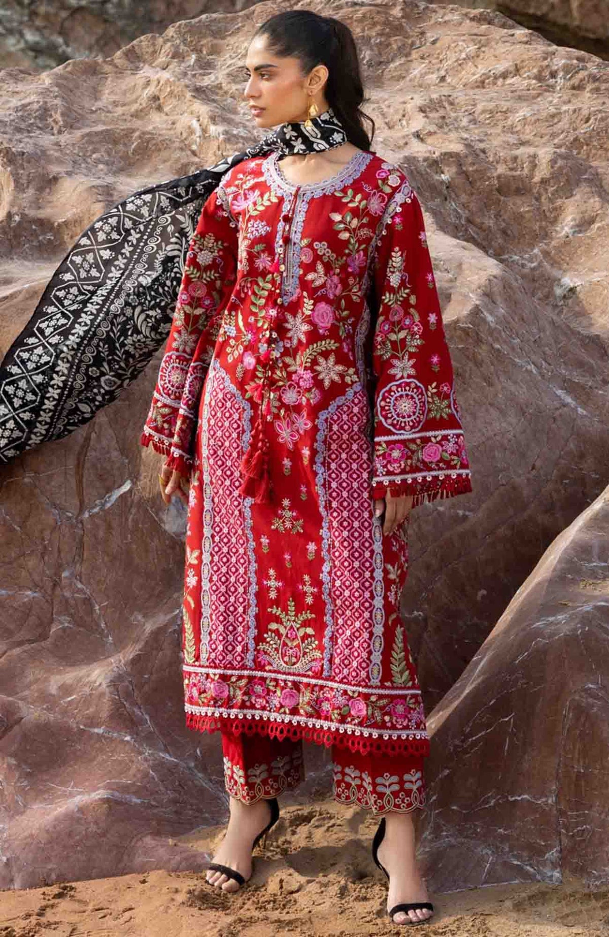 Siraa Lawn by Sadaf Fawad Khan Embroidered Suit Unstitched 3 Piece - SFKSIL07- Laal - Summer Collection