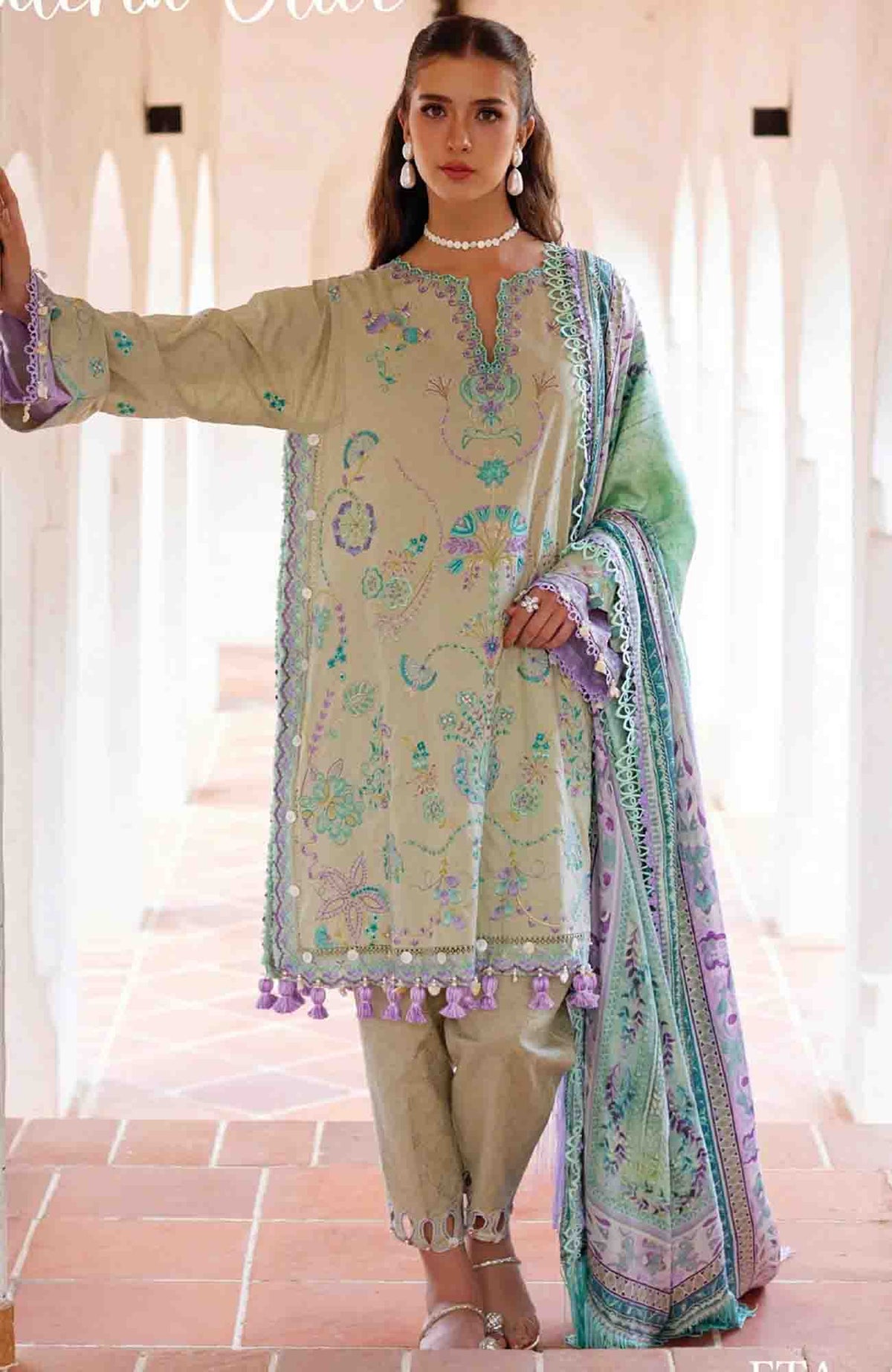 Luxury Lawn By Farah Talib Aziz Unstitched Lawn Embroidered 3 Piece Suit - FTALXL-07- Valeria Olive - Summer Collection
