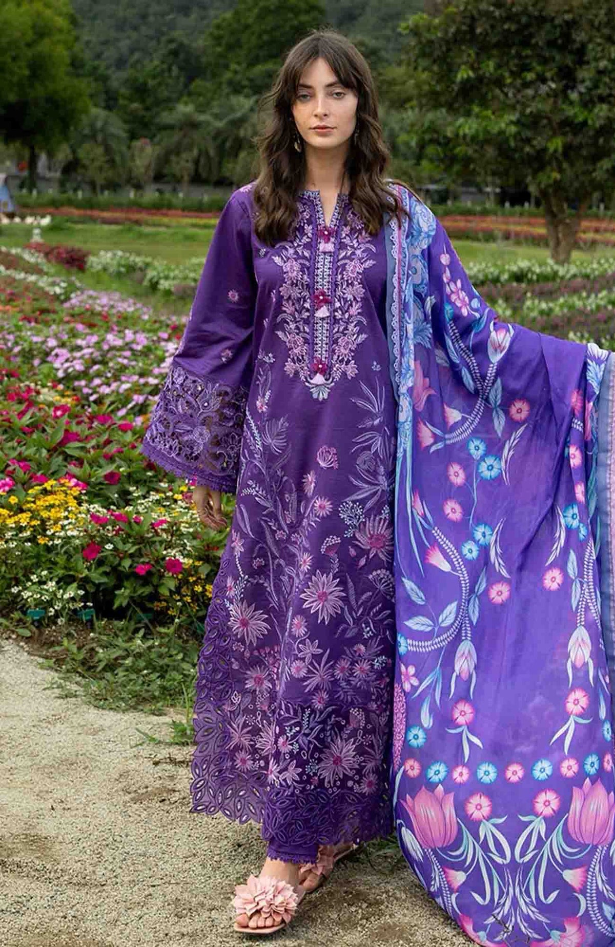 The Secret Garden - Hemline By Mushq Unstitched Lawn  Embroidered 3 Piece Suit MQHMSGL - 013 - Lily Veil -  Summer Collection