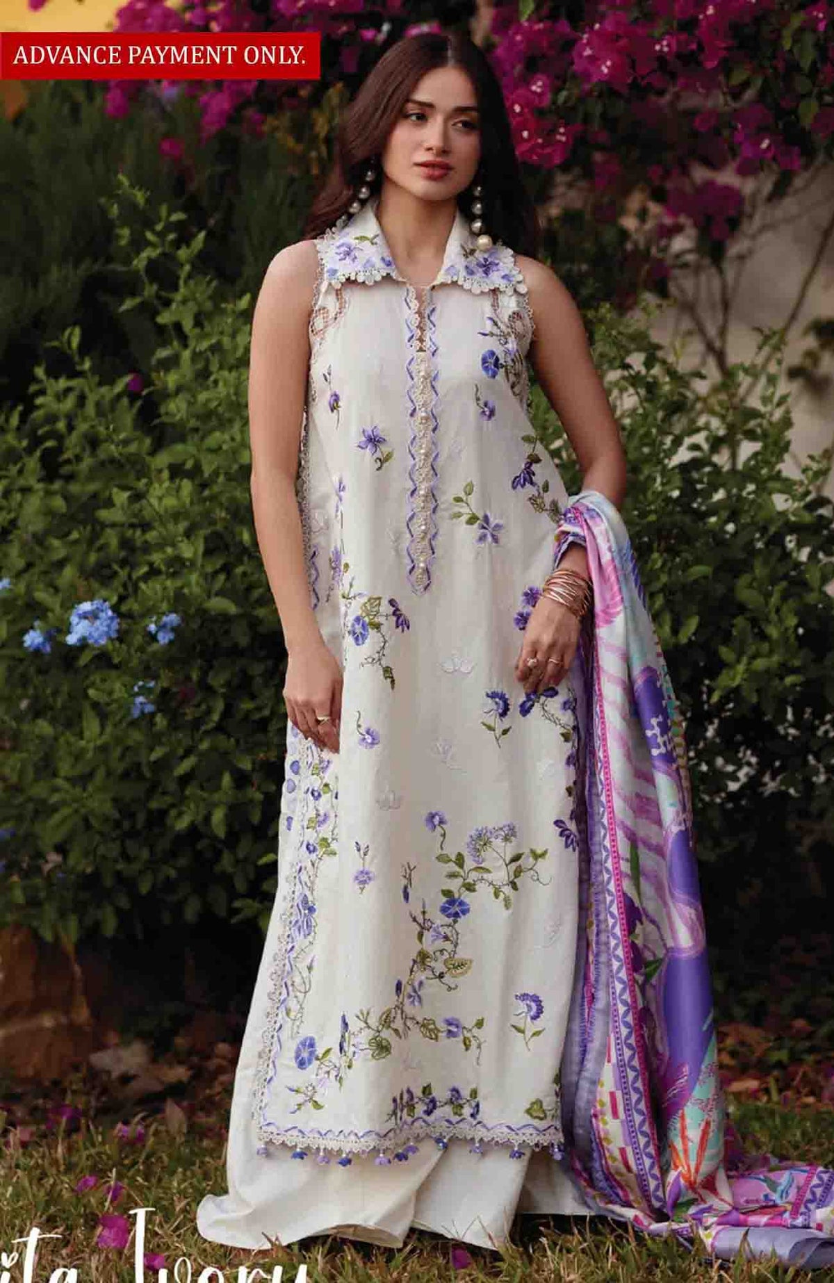 Luxury Lawn By Farah Talib Aziz Unstitched Lawn Embroidered 3 Piece Suit - FTALXL-01- Evita Ivory  - Summer Collection