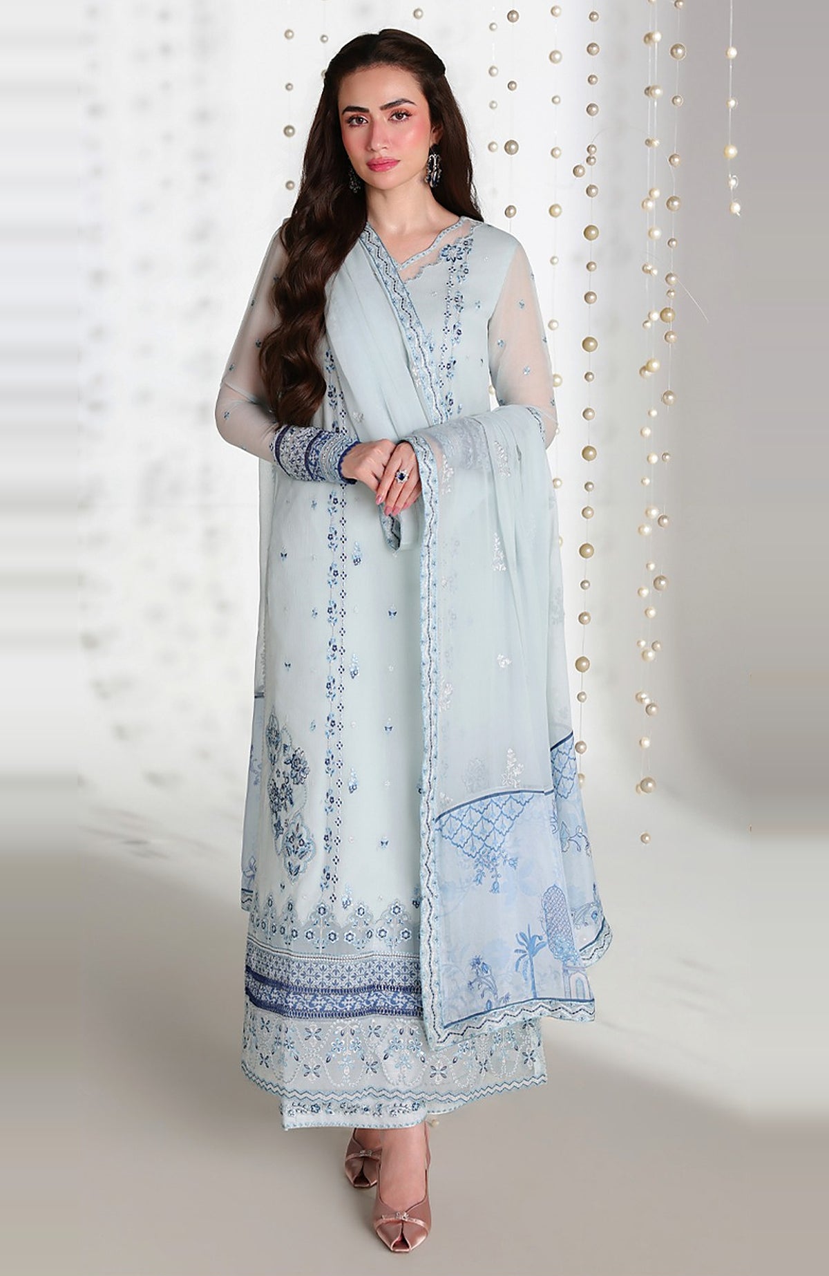 Ensembles By Azure Unstitched Chiffon Embroidered 3 Piece Suit - AZRENSM9- AQUARIA - Festive Collection