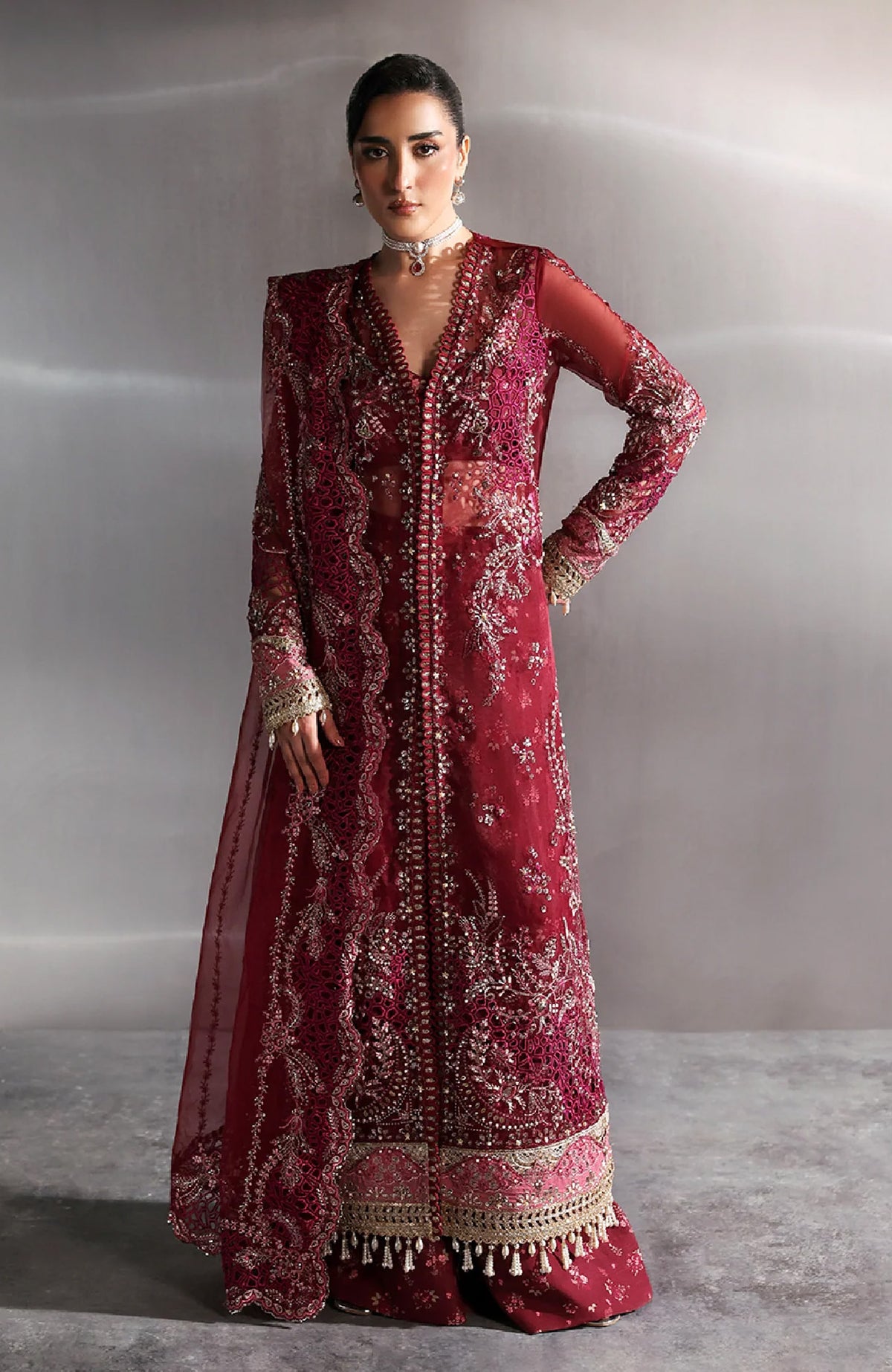 Seraphine by Zarposh Unstitched Chiffon Embroidered 3 Piece Suit- ZRPSHN-01-GARNET- Formal Collection