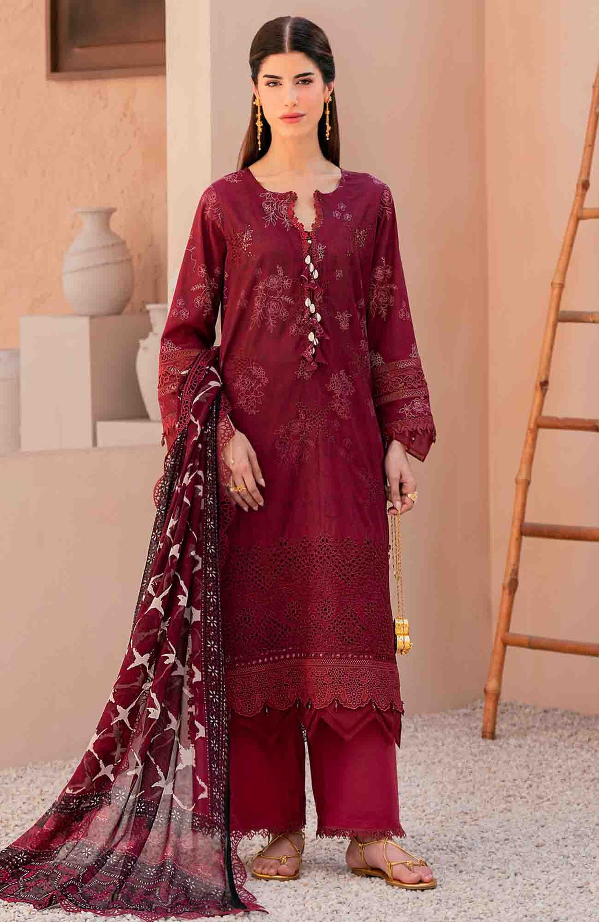 Mausummery Unstitched  Lawn Embroidered  Printed 3 Piece Suit Vol-1 MUSV1EPL-02 - Garnet - Summer Collection