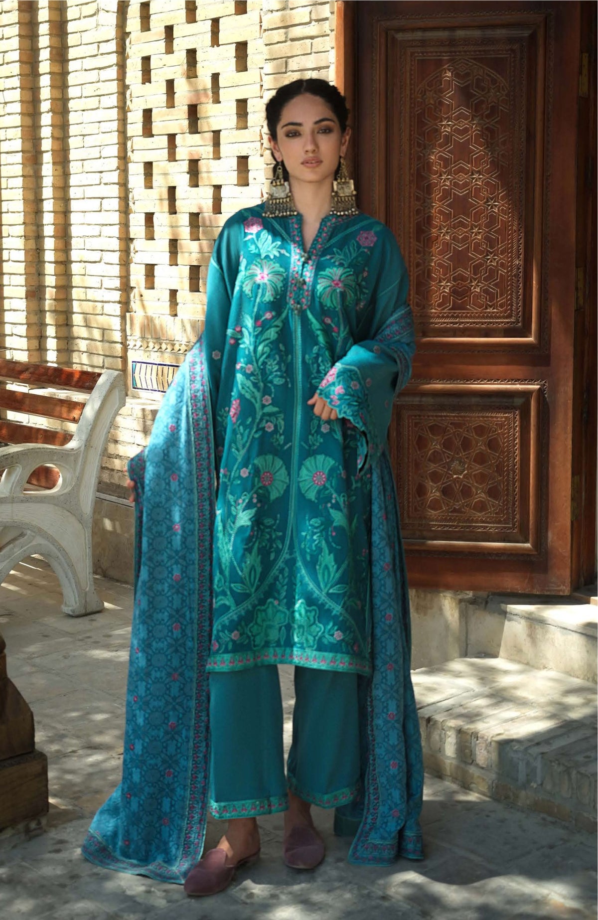 Beneath The Skies of Bukhara By Hemline Mushq Unstitched Embroidered 3 Piece Suit - MQHMBSBW- AZUE COURTYARD- Winter Collection