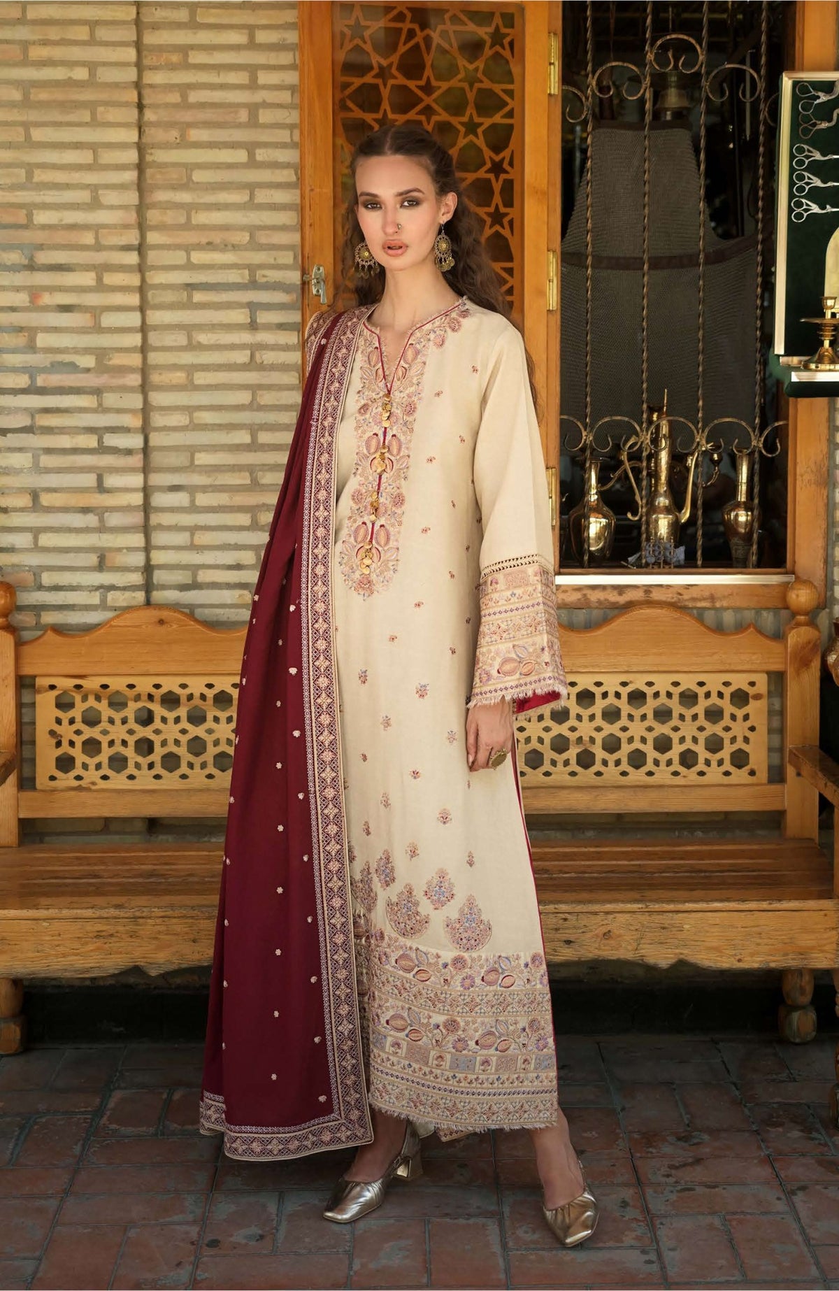 Beneath The Skies of Bukhara By Hemline Mushq Unstitched Embroidered 3 Piece Suit - MQHMBSBW- FROSTED DOME- Winter Collection