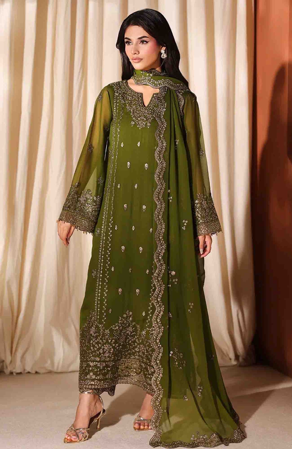 Luxe By Azure Unstitched Chiffon Embroidered 3 Piece Suit  - AZLUXL- 168- Imperial Olive  - Summer Collection