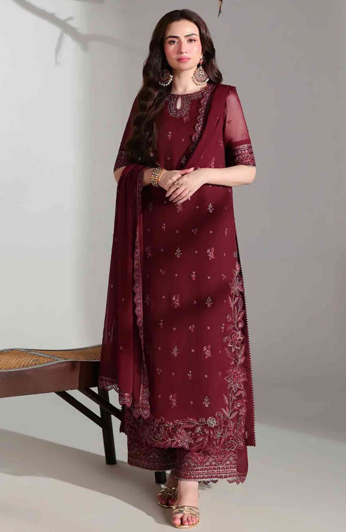 Ensembles By Azure Unstitched Chiffon Embroidered 3 Piece Suit - AZRENSM5- RUBY ROGUE - Festive Collection