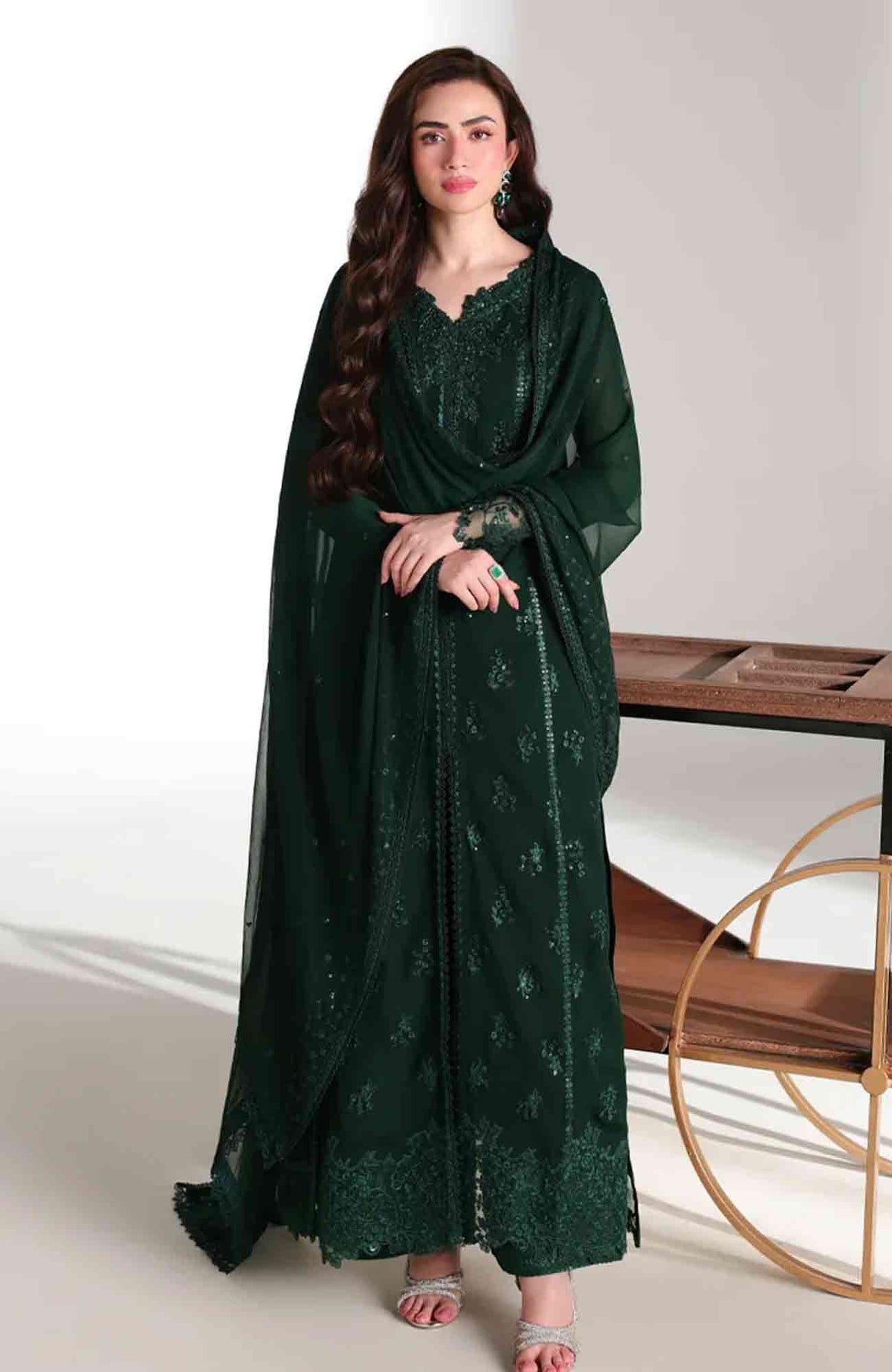 Ensembles By Azure Unstitched Chiffon Embroidered 3 Piece Suit - AZRENSM8- LEENA - Festive Collection