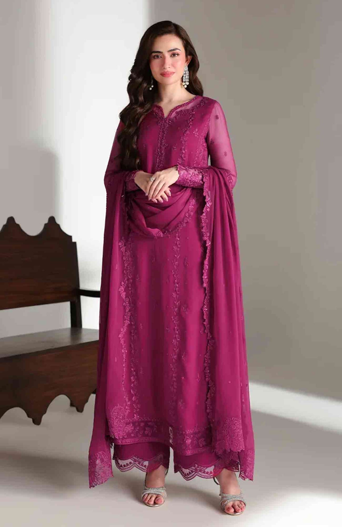 Ensembles By Azure Unstitched Chiffon Embroidered 3 Piece Suit - AZRENSM7- ZINNIA - Festive Collection