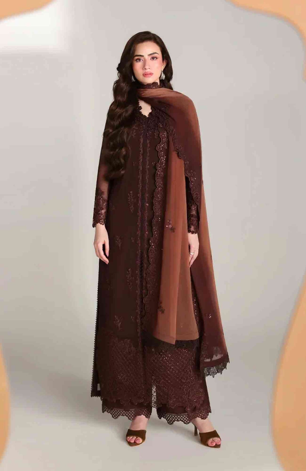 Ensembles By Azure Unstitched Chiffon Embroidered 3 Piece Suit - AZRENSM3- MAISON MOCHA - Festive Collection