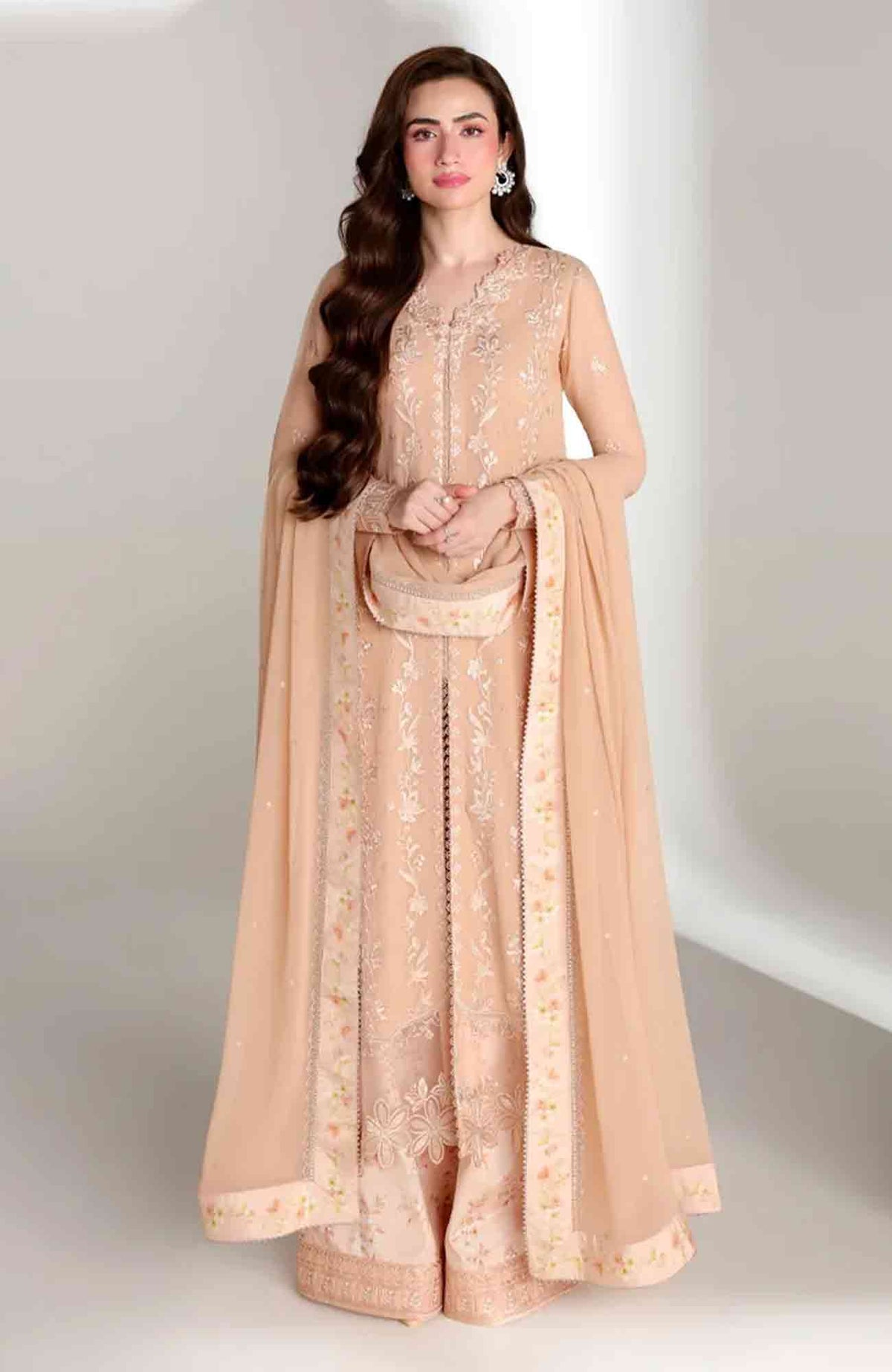 Ensembles By Azure Unstitched Chiffon Embroidered 3 Piece Suit - AZRENSM4- CREAM DREAM - Festive Collection