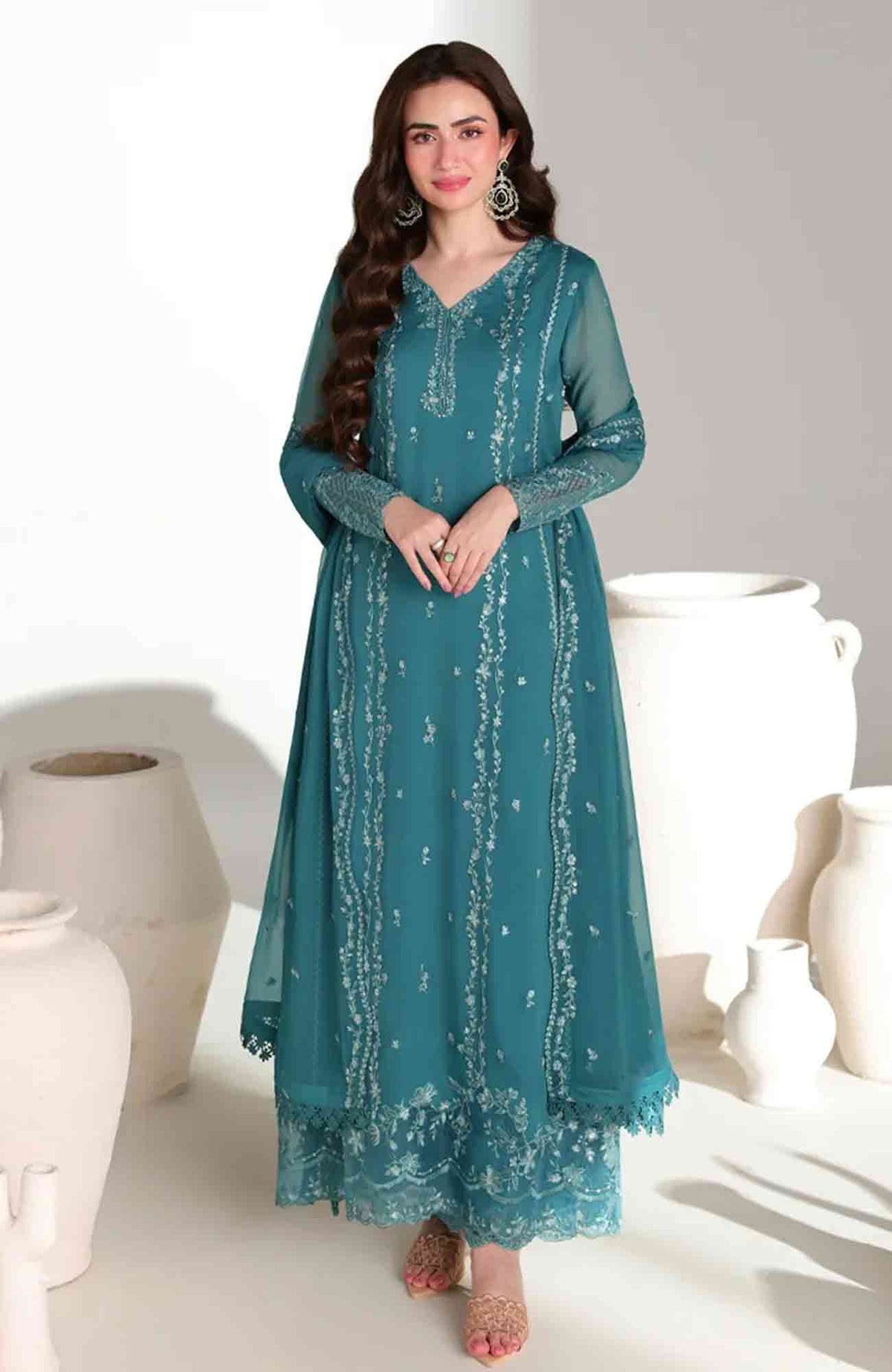 Ensembles By Azure Unstitched Chiffon Embroidered 3 Piece Suit - AZRENSM10- TEAL AFFAIR - Festive Collection