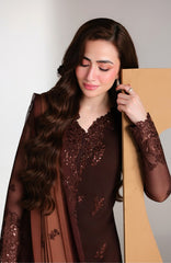 Ensembles By Azure Unstitched Chiffon Embroidered 3 Piece Suit - AZRENSM3- MAISON MOCHA - Festive Collection