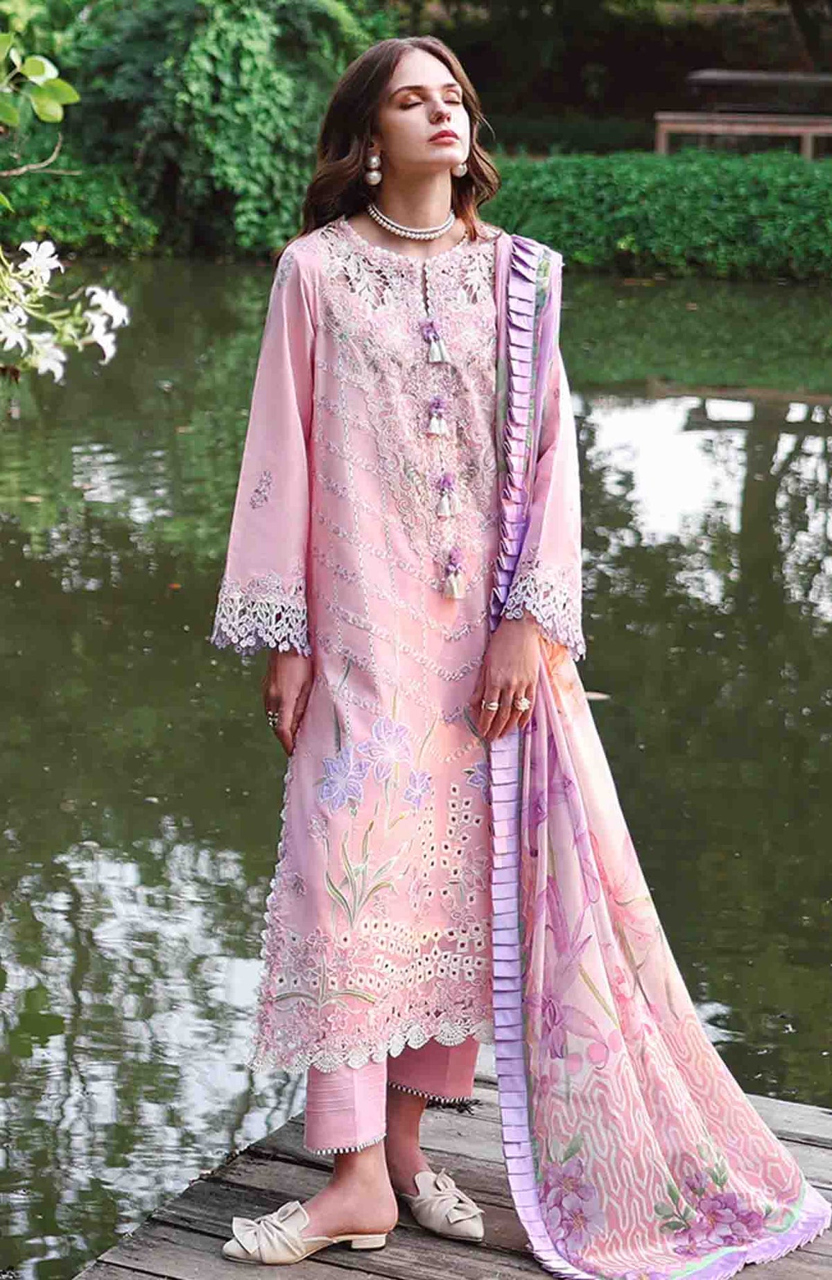The Secret Garden - Beyond the Garden - Hemline By Mushq Unstitched Lawn Embroidered 3 Piece Suit - MQHMSGBTGL-05 -Moon Petal - Summer Collection