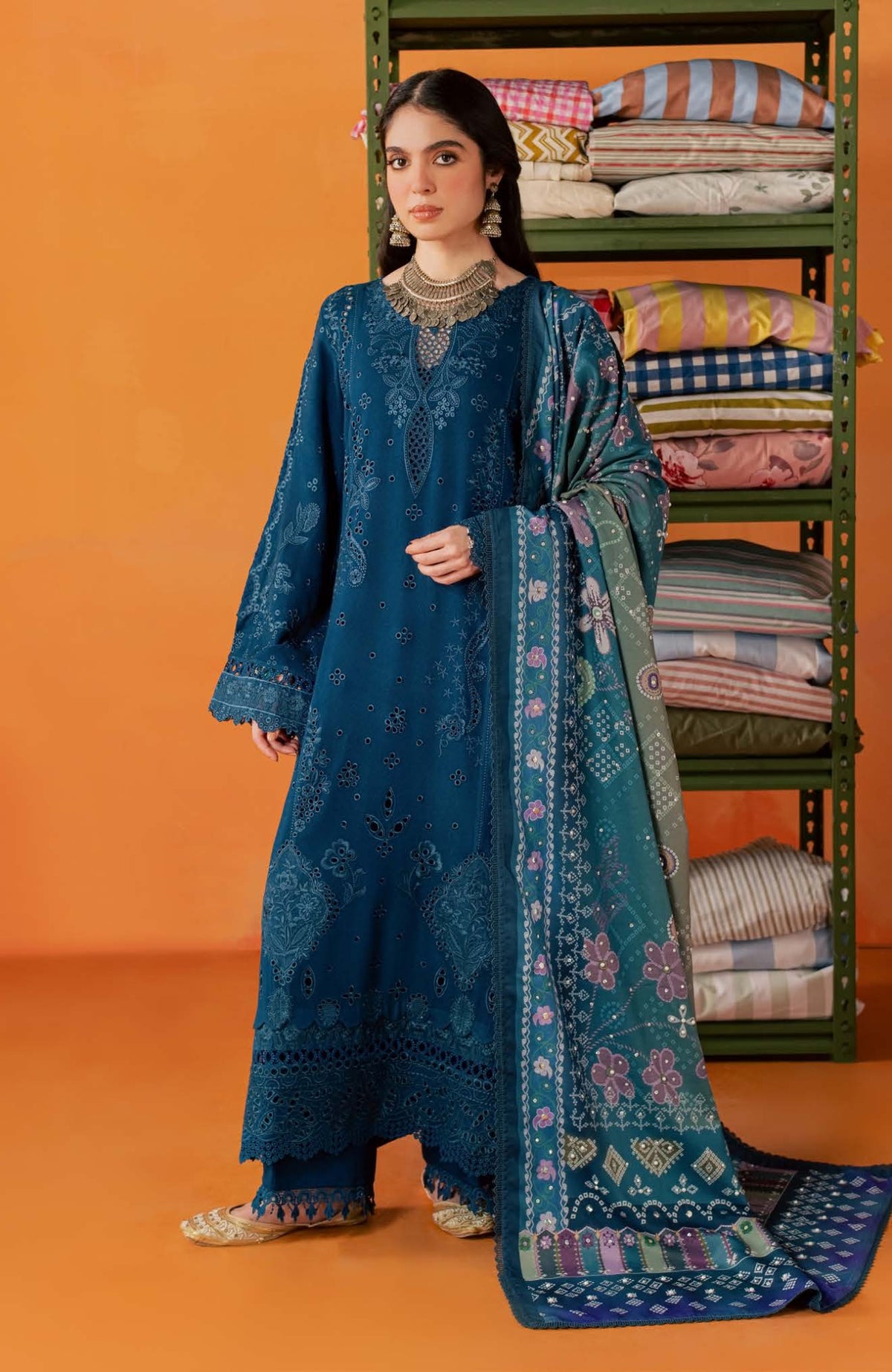 Nureh Bazar Unstitched Embroidered  Leather Peach With Woolen Shawal 3 Piece - NRBZLPW-291- Winter Collection