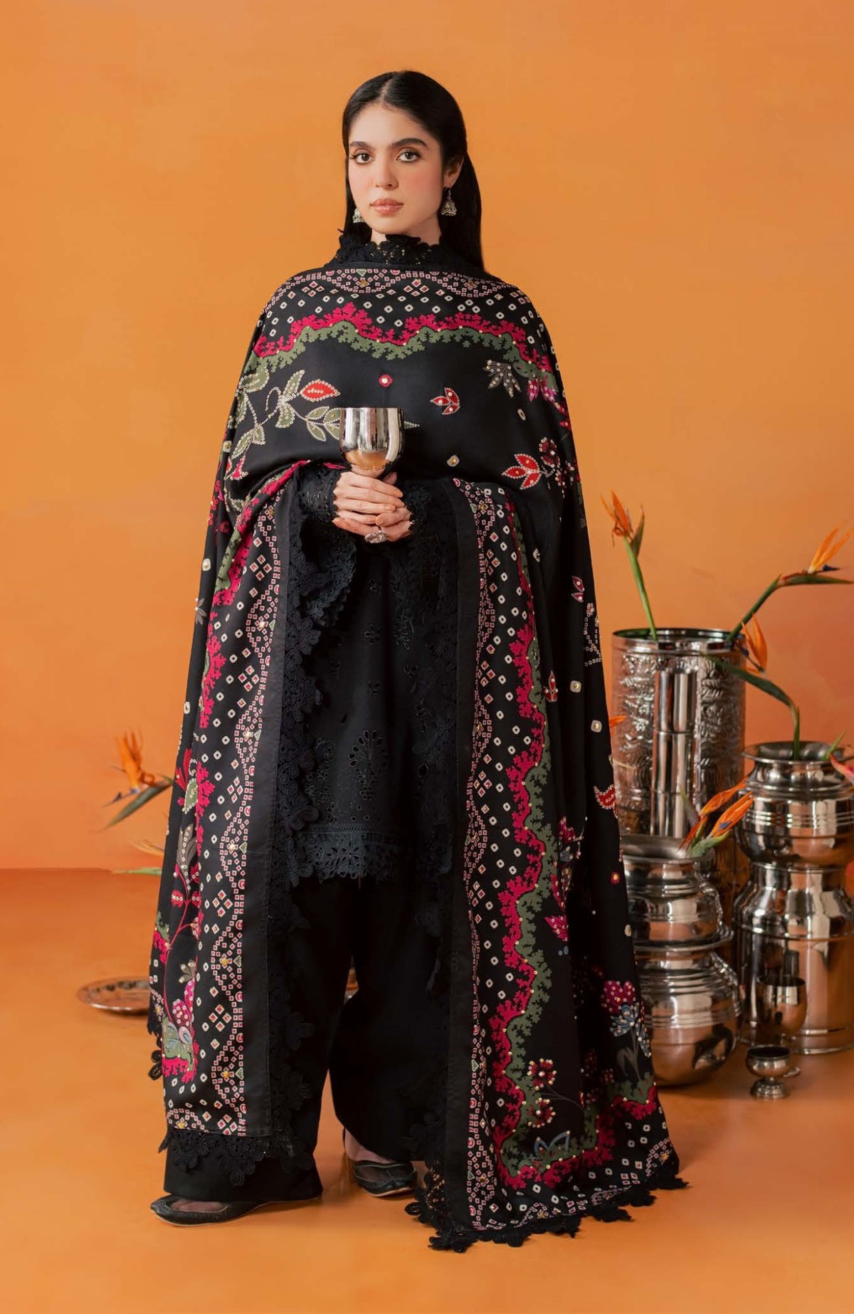 Nureh Bazar Unstitched Embroidered  Leather Peach With Woolen Shawal 3 Piece - NRBZLPW-293- Winter Collection