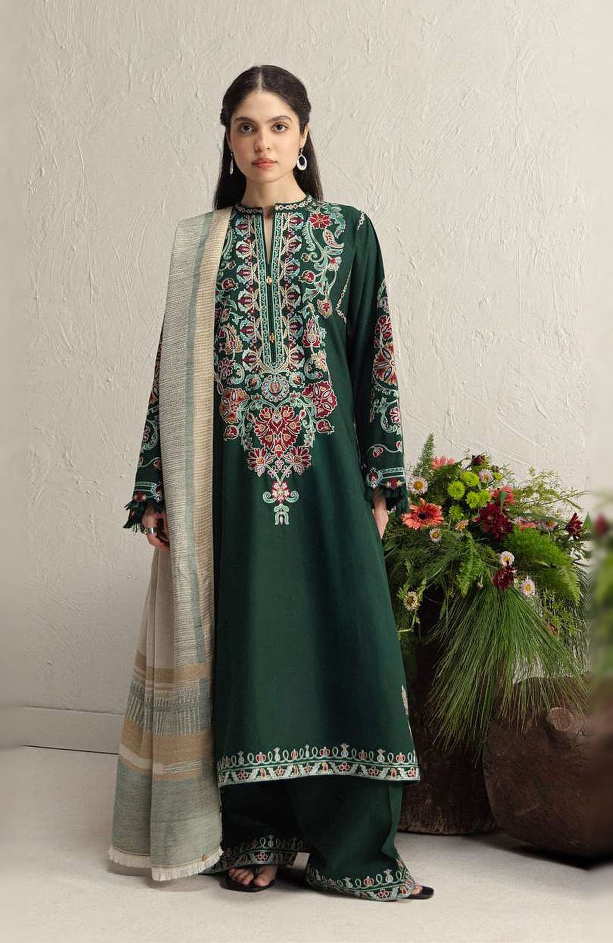 Coco  By Zara Shahjahan Unstitched Khaddar Embroidered 3 Piece Suit - CCZSKRDW-2B- OCHRE- Winter Collection