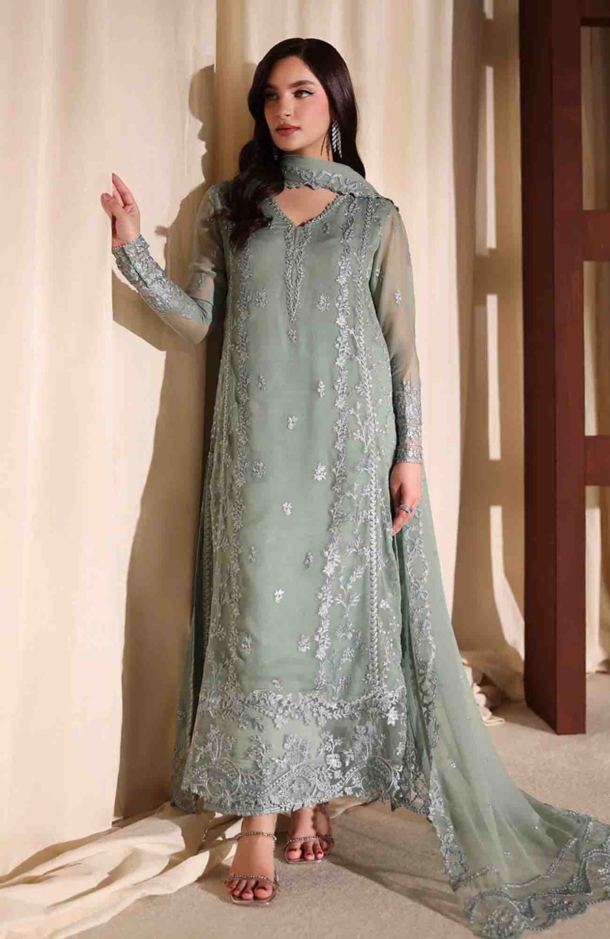 Luxe By Azure Unstitched Chiffon Embroidered 3 Piece Suit  - AZLUXL- 170- Satin Sage  - Summer Collection