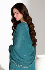 Ensembles By Azure Unstitched Chiffon Embroidered 3 Piece Suit - AZRENSM10- TEAL AFFAIR - Festive Collection