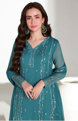 Ensembles By Azure Unstitched Chiffon Embroidered 3 Piece Suit - AZRENSM10- TEAL AFFAIR - Festive Collection