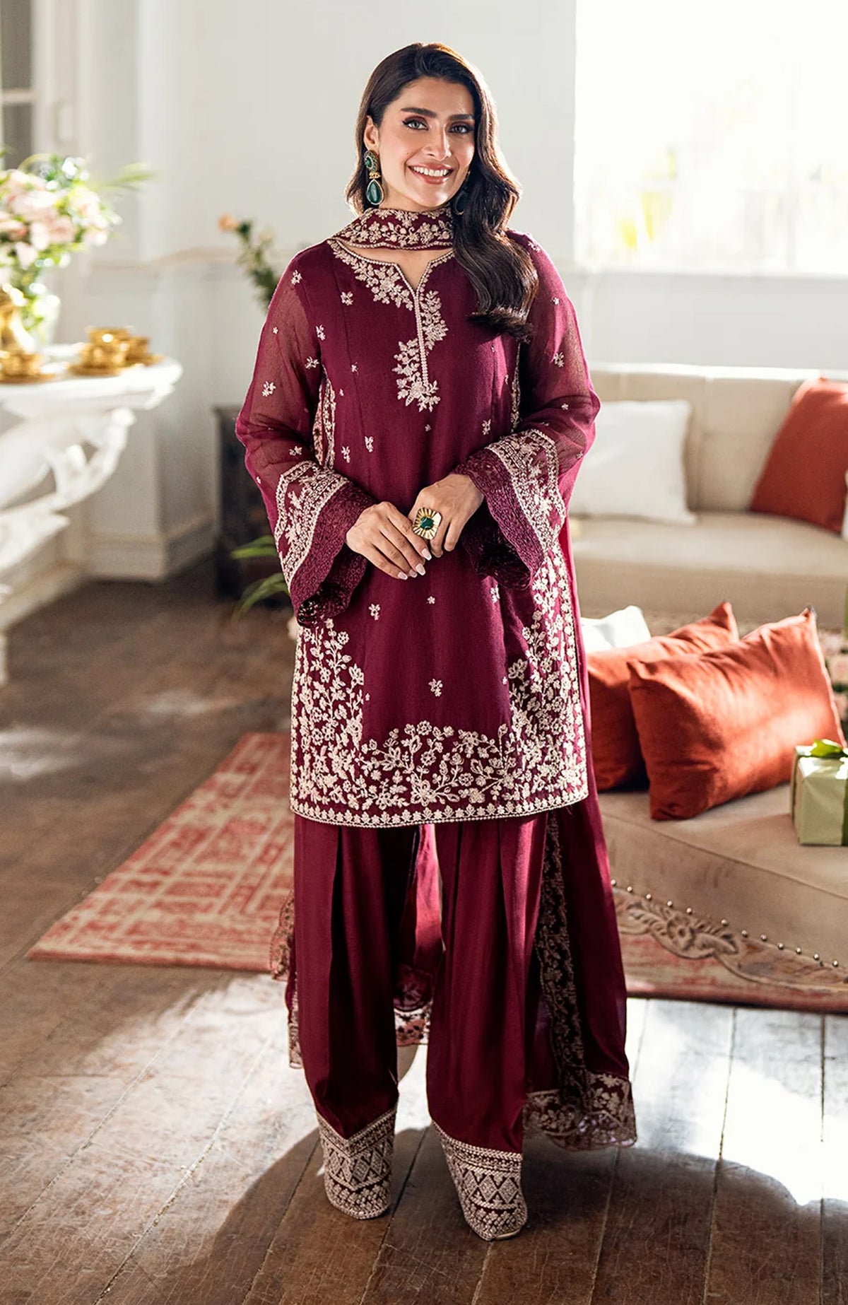 LUXE By Azure Embroidered Khadi Net 3 Piece Unstitched Suit-AZRLUXKHN25L-Berry Dusk- Summer Collection