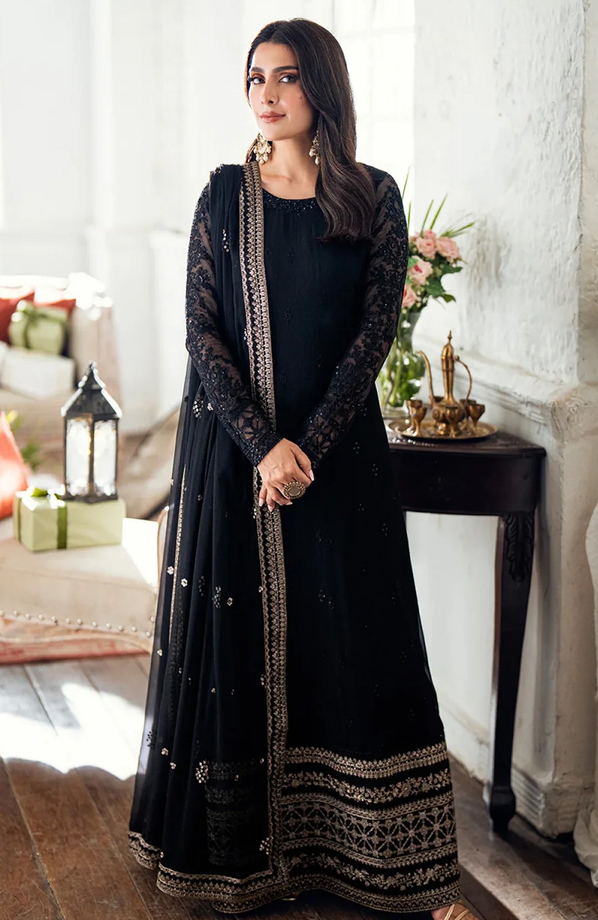 Luxè By Azure Embroidered Chiffon 3 Piece Unstitched Suit-AZRLUX25L-CAVIAR NOIR- Summer Collection