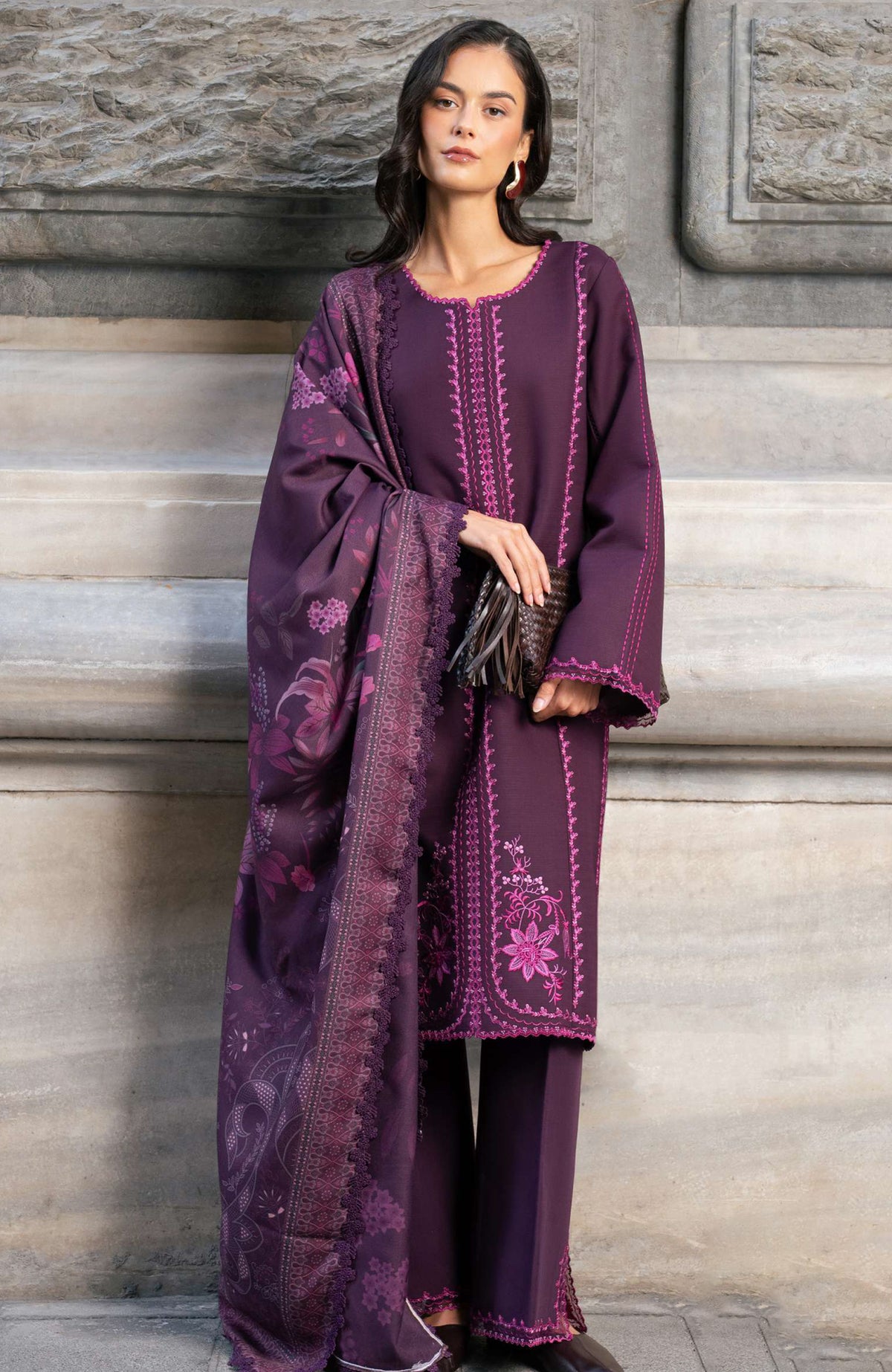 Meet Me in Istanbul By Rangrasiya Unstitched Embroidered Khaddar 3 Piece Suit - RRMIKHDW-MAUVE- Winter Collection