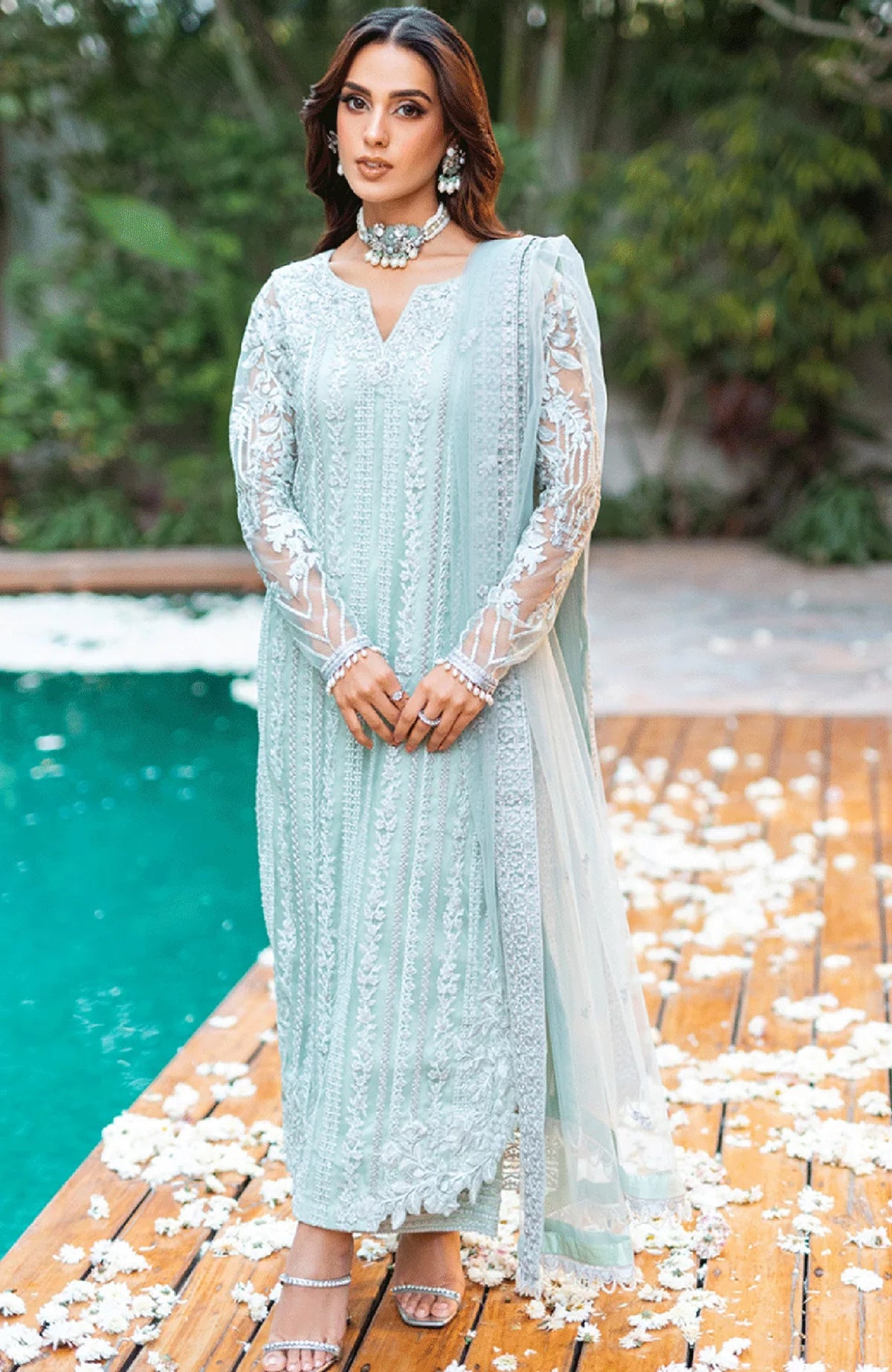 Luxè By Azure Embroidered Chiffon 3 Piece Unstitched Suit-AZRLUX23L-Mint Breeze- Summer Collection